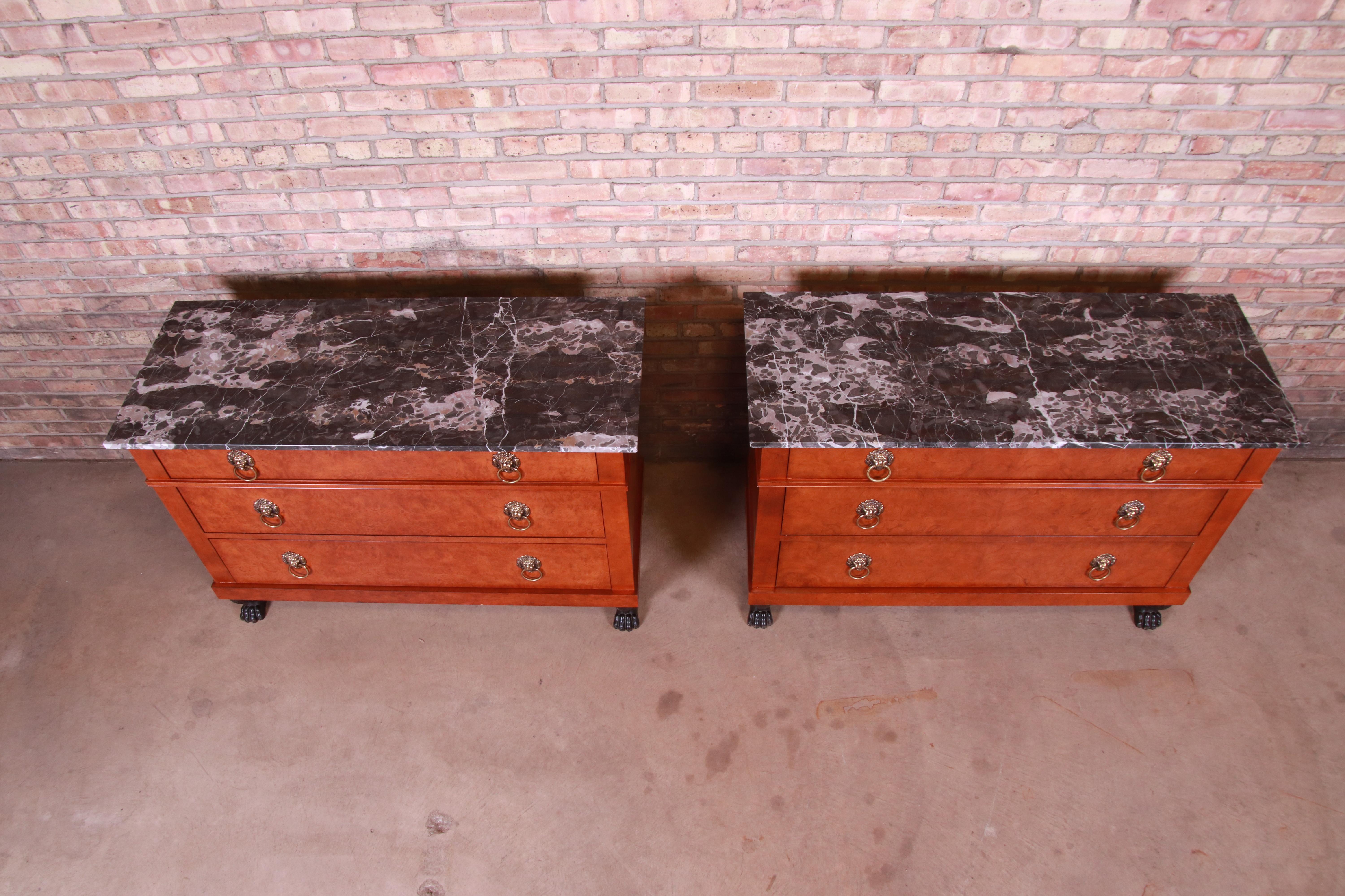 Baker Furniture Neoclassical Burl Wood Marble-Top Chests, Pair 2