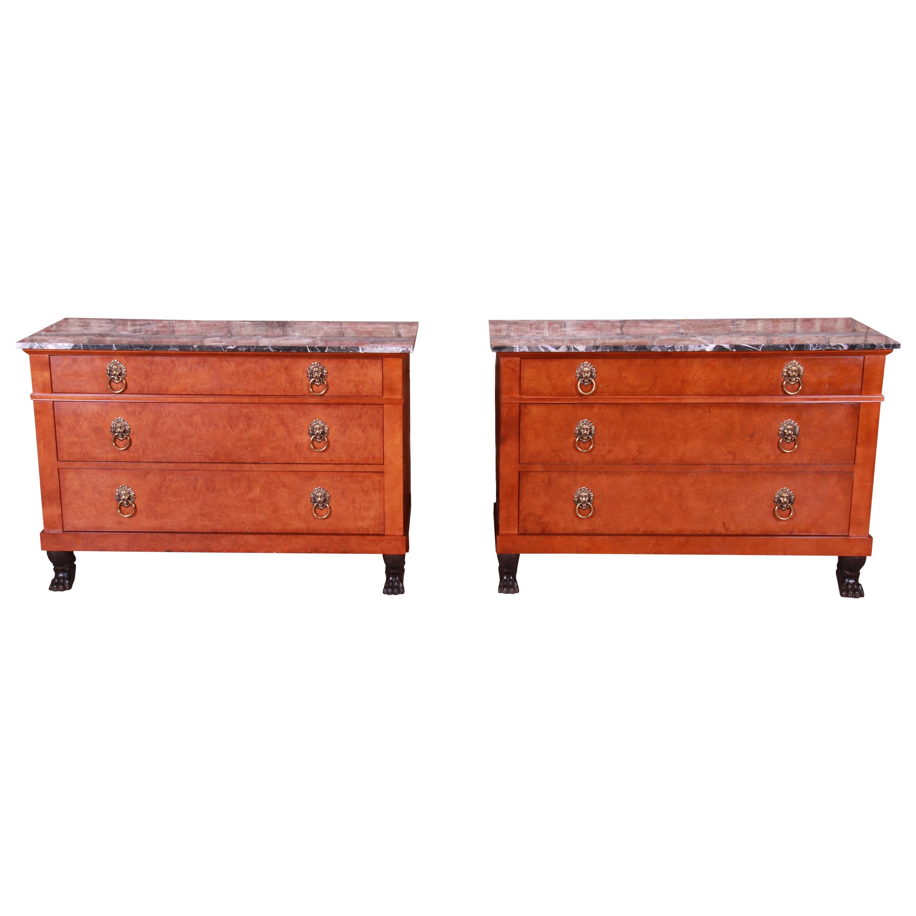 Baker Furniture Neoclassical Burl Wood Marble-Top Chests, Pair