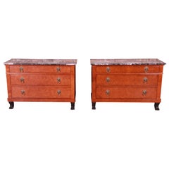 Baker Furniture Neoclassical Burl Wood Marble-Top Chests, Pair