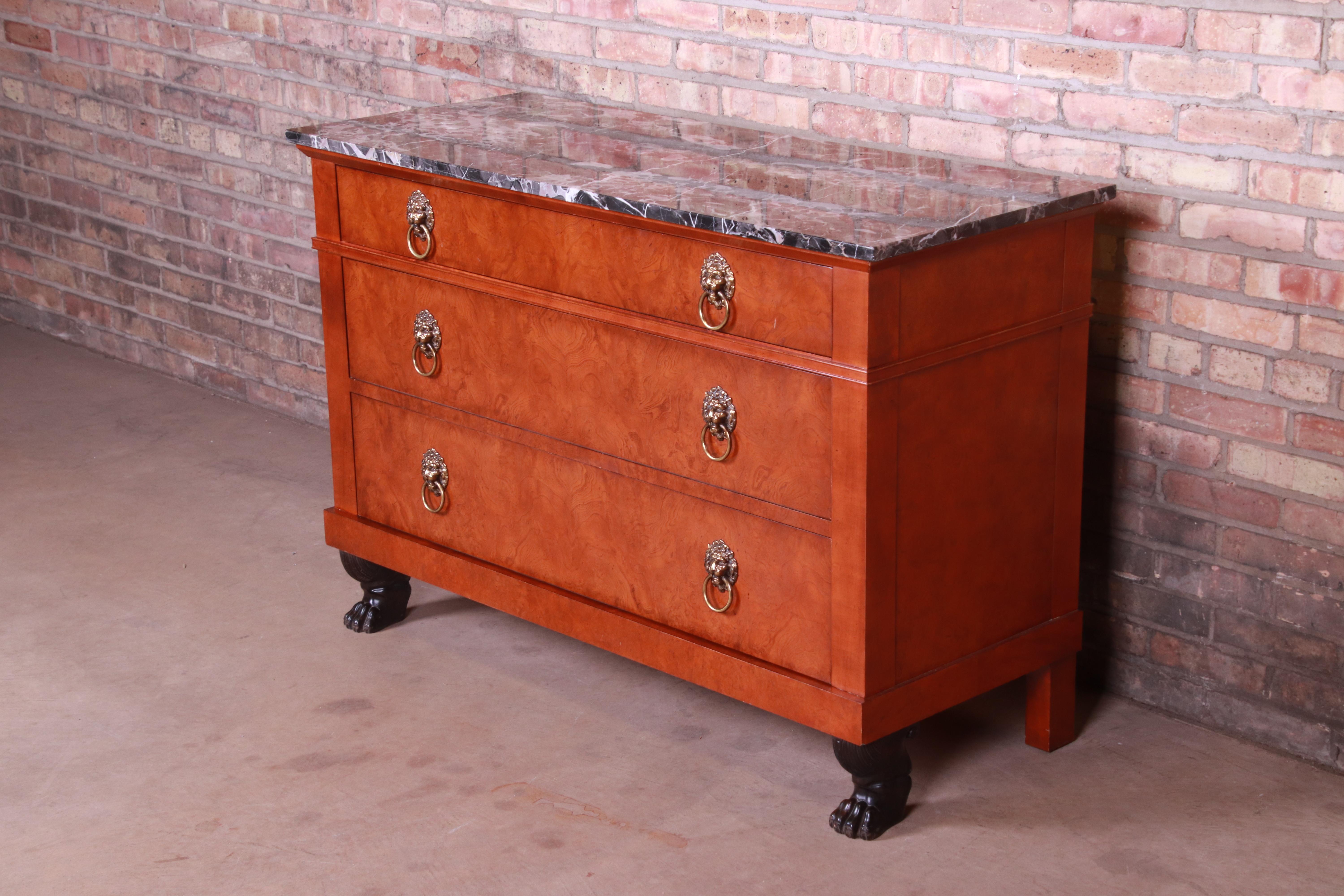 American Baker Furniture Neoclassical Burl Wood Marble-Top Commode or Chest of Drawers