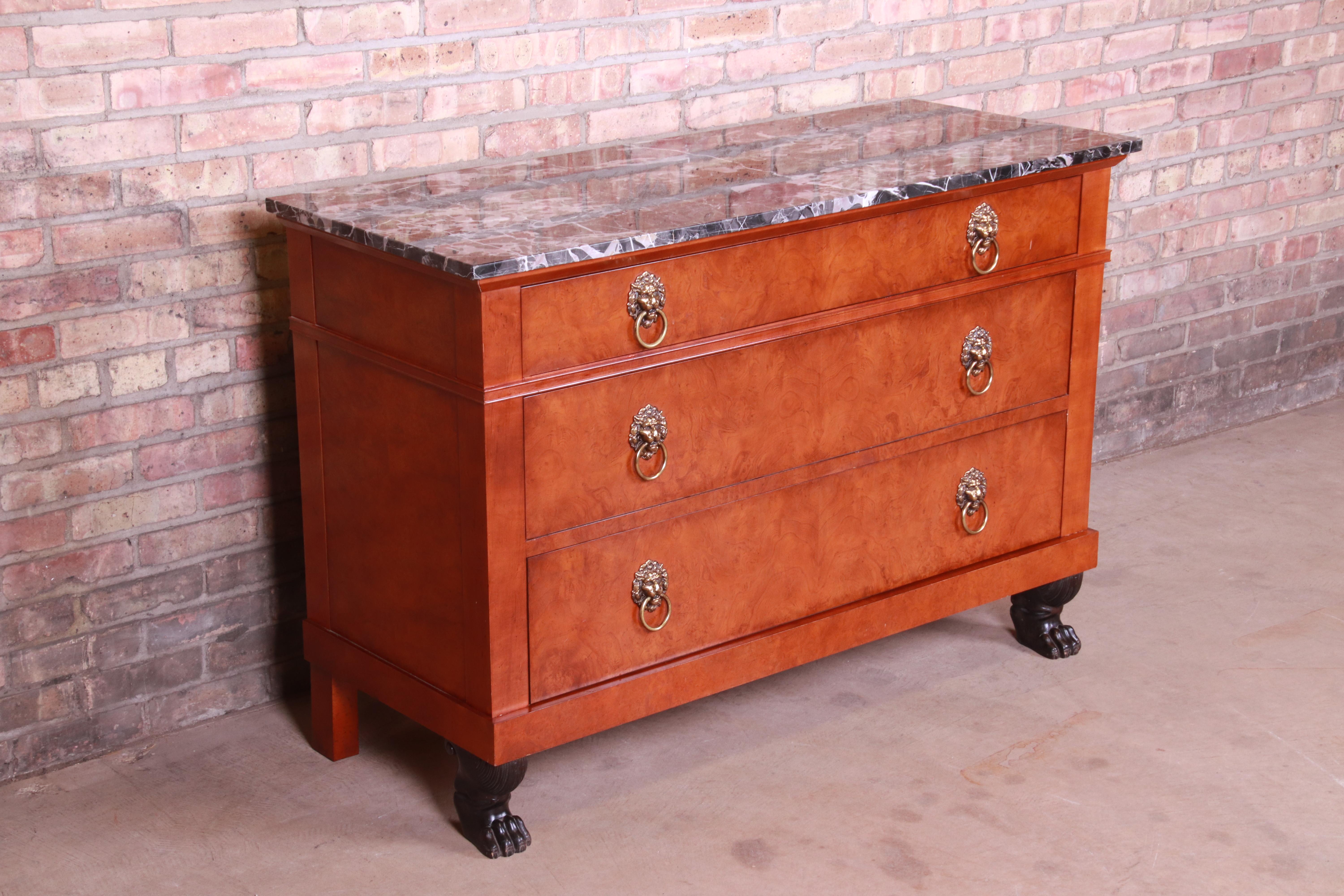 Baker Furniture Neoclassical Burl Wood Marble-Top Commode or Chest of Drawers In Good Condition In South Bend, IN