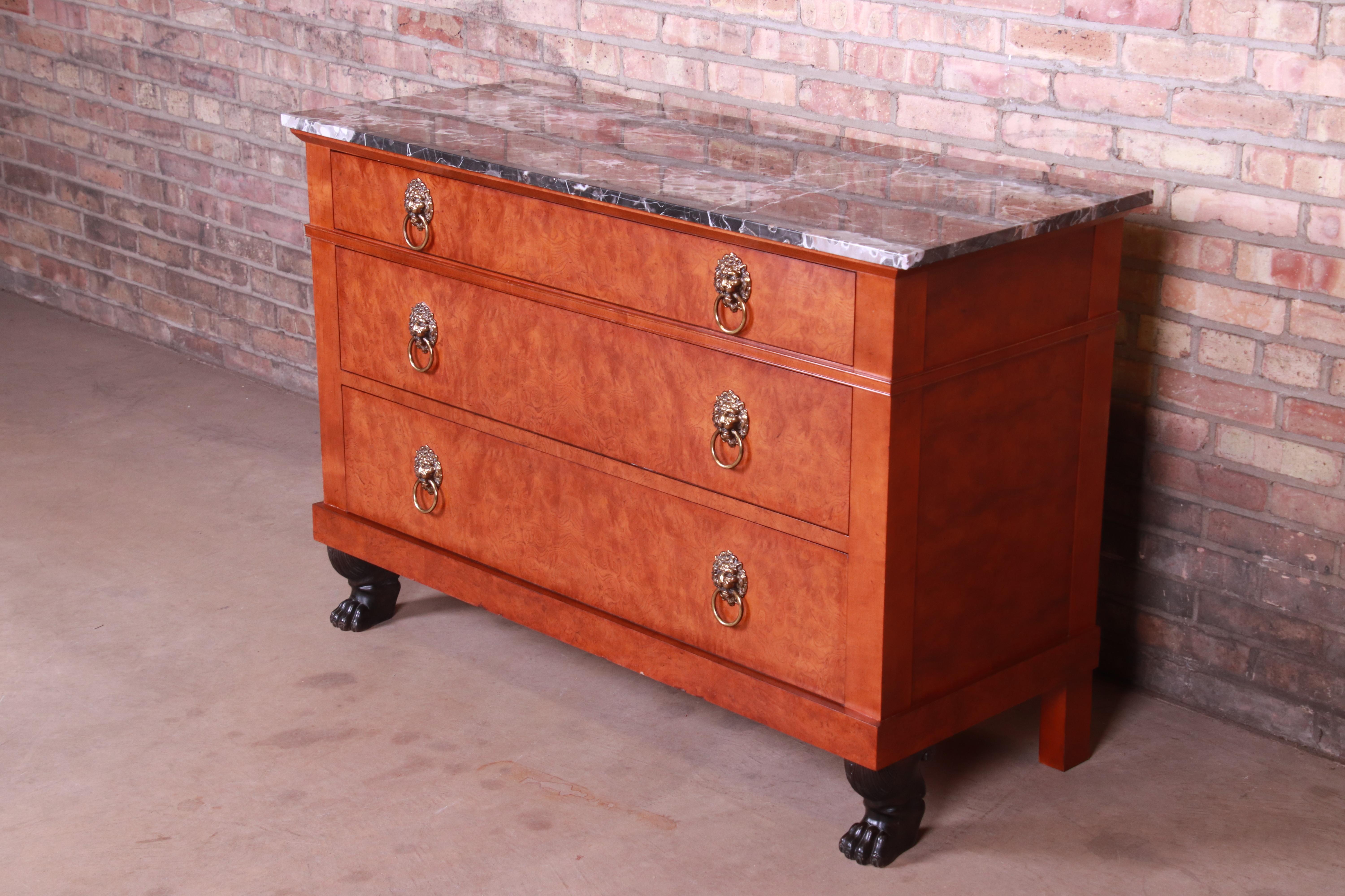 Baker Furniture Neoclassical Burl Wood Marble Top Commode or Chest of Drawers In Good Condition In South Bend, IN