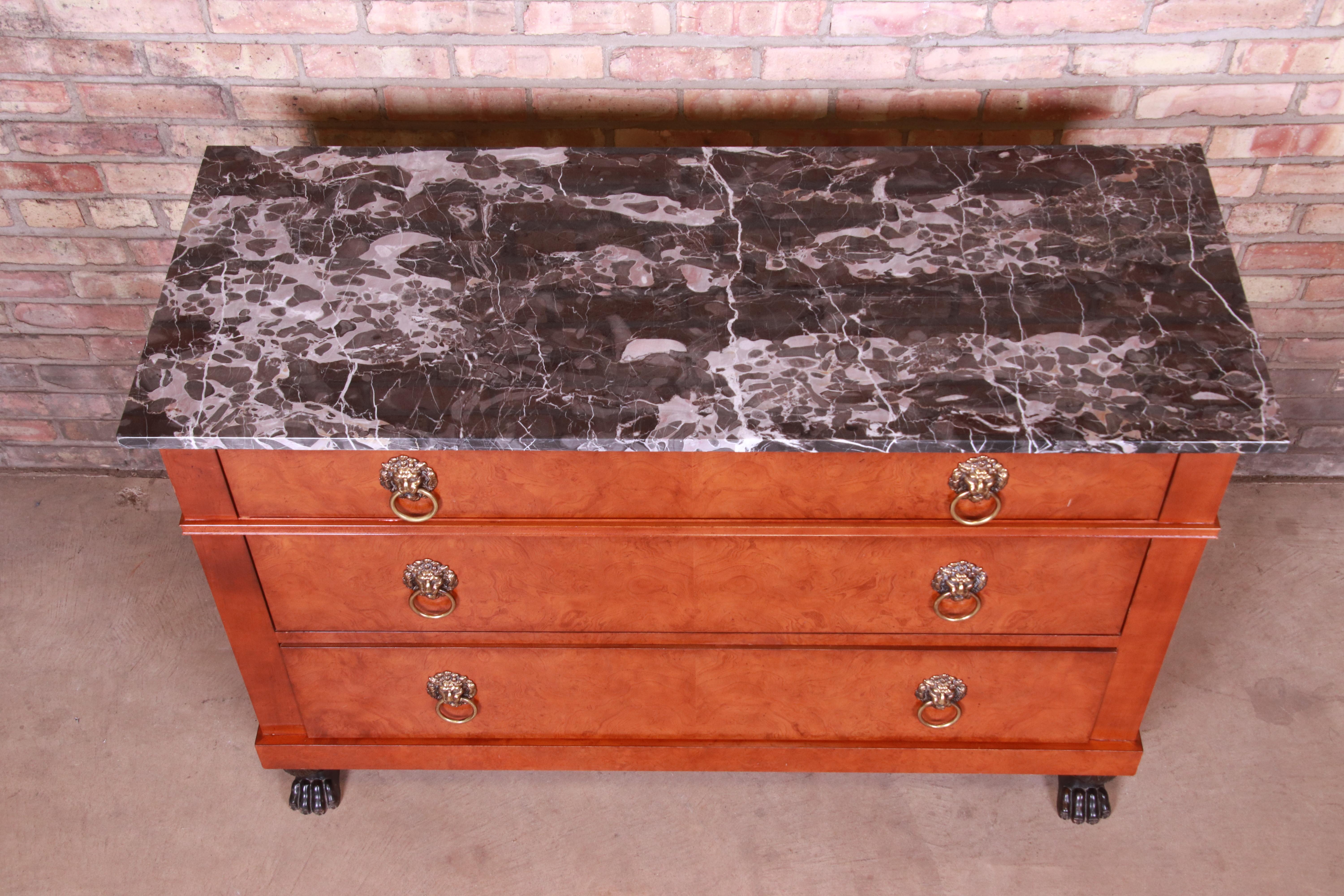 20th Century Baker Furniture Neoclassical Burl Wood Marble-Top Commode or Chest of Drawers