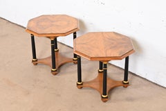 Baker Furniture Neoclassical Burl Wood Parcel Ebonized and Gilt Side Tables