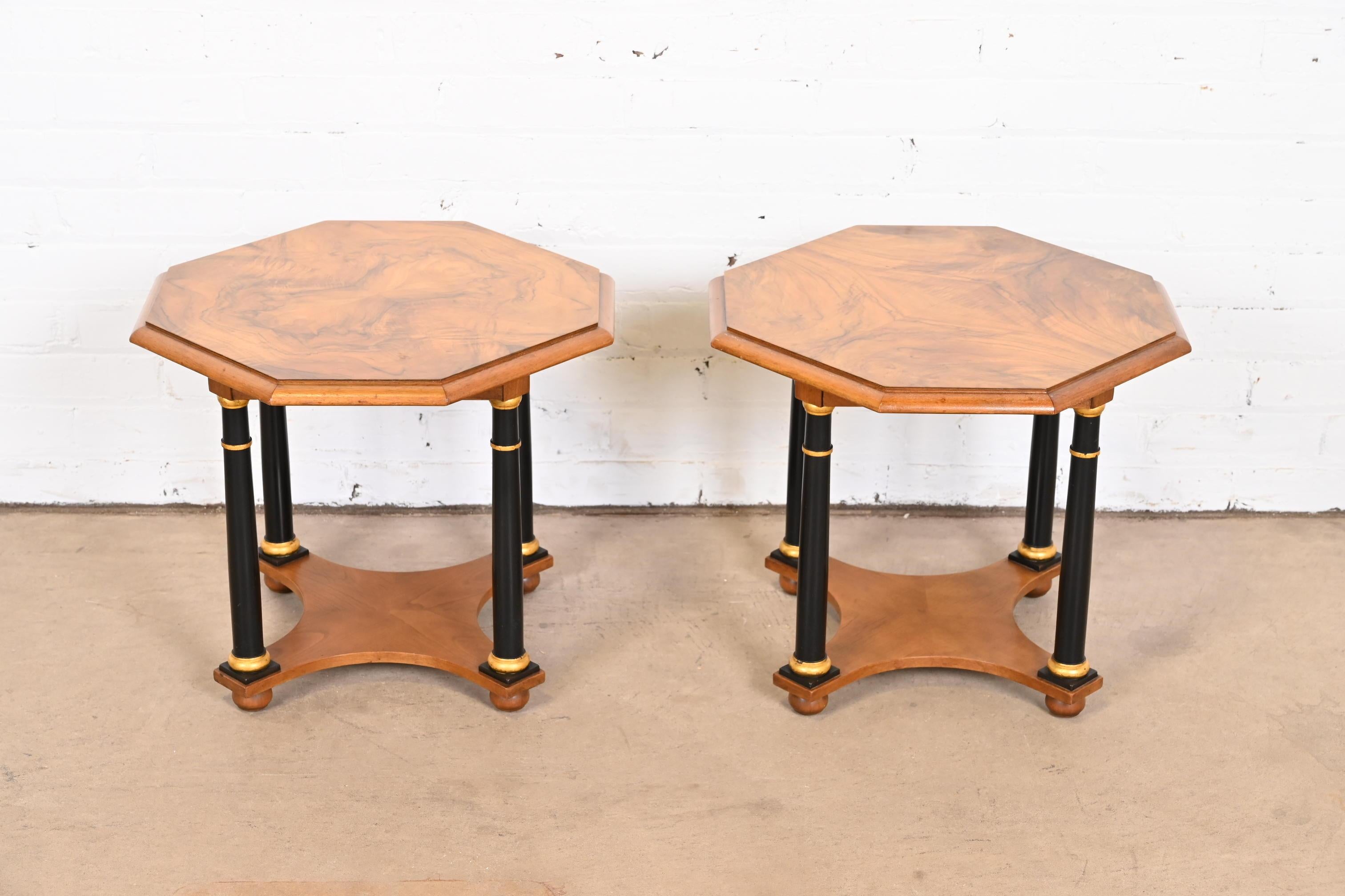 American Baker Furniture Neoclassical Burl Wood Parcel Ebonized and Gilt Side Tables For Sale