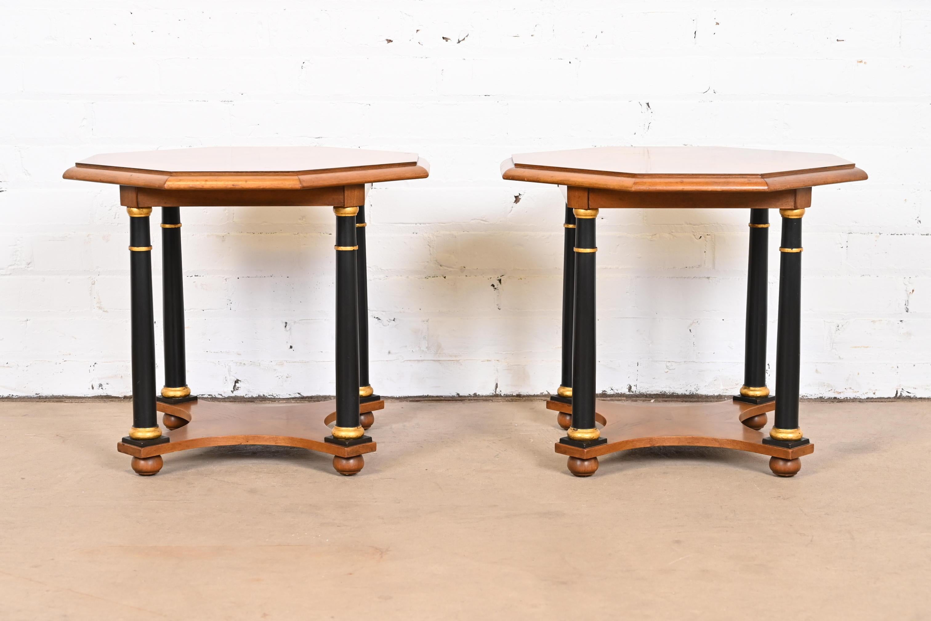 Baker Furniture Neoclassical Burl Wood Parcel Ebonized and Gilt Side Tables In Good Condition For Sale In South Bend, IN