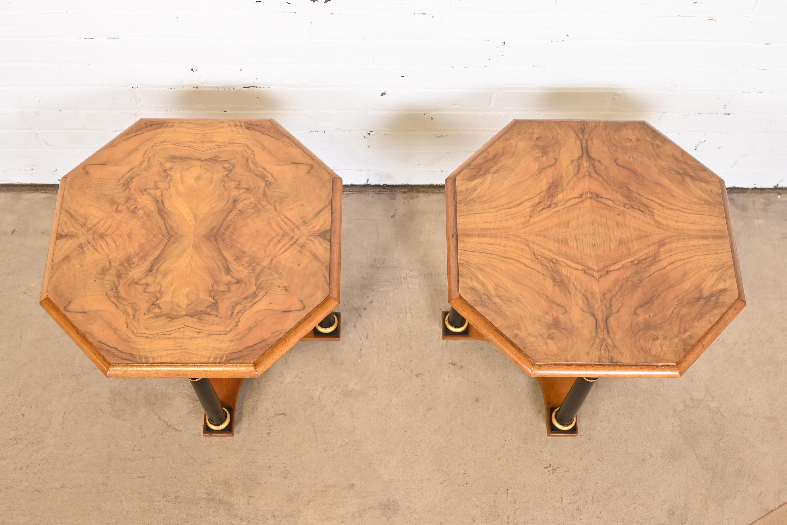20th Century Baker Furniture Neoclassical Burl Wood Parcel Ebonized and Gilt Side Tables For Sale