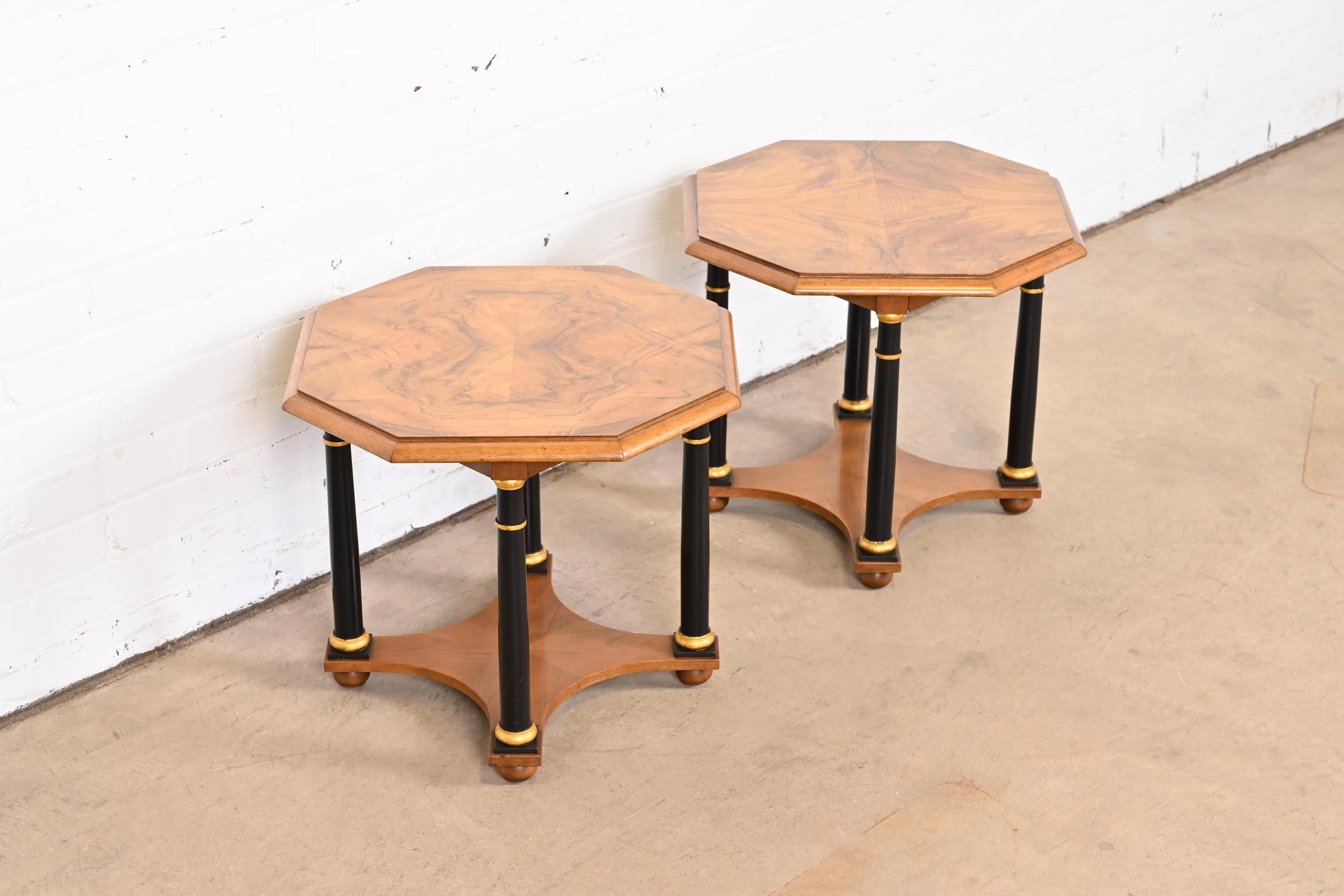 Baker Furniture Neoclassical Burl Wood Parcel Ebonized and Gilt Side Tables For Sale 1