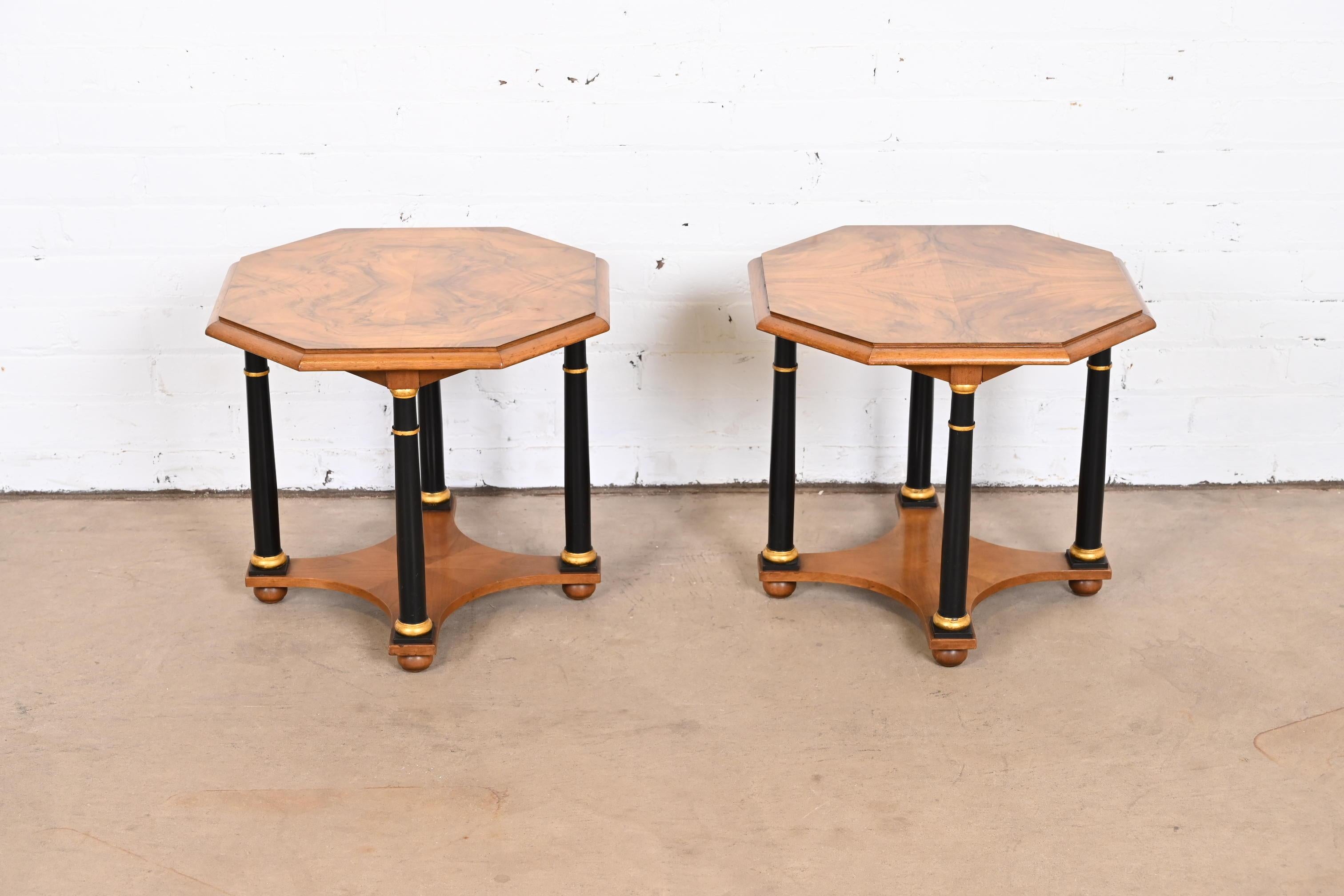 Baker Furniture Neoclassical Burl Wood Parcel Ebonized and Gilt Side Tables For Sale 2