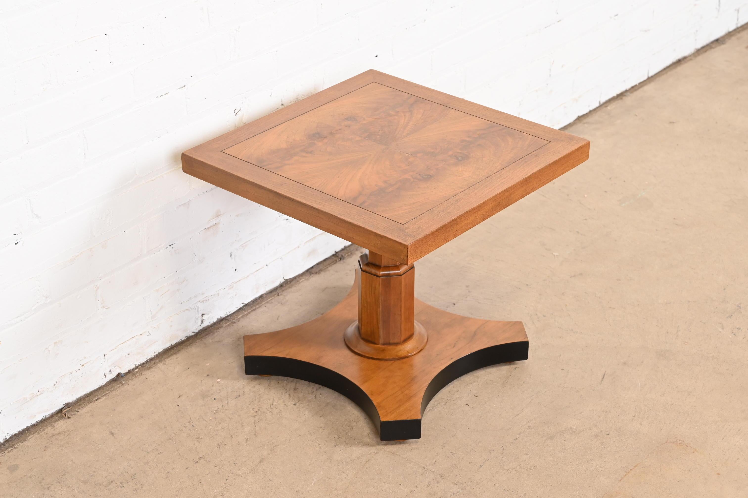 Baker Furniture Neoclassical Burled Walnut Pedestal Tea Table For Sale 1