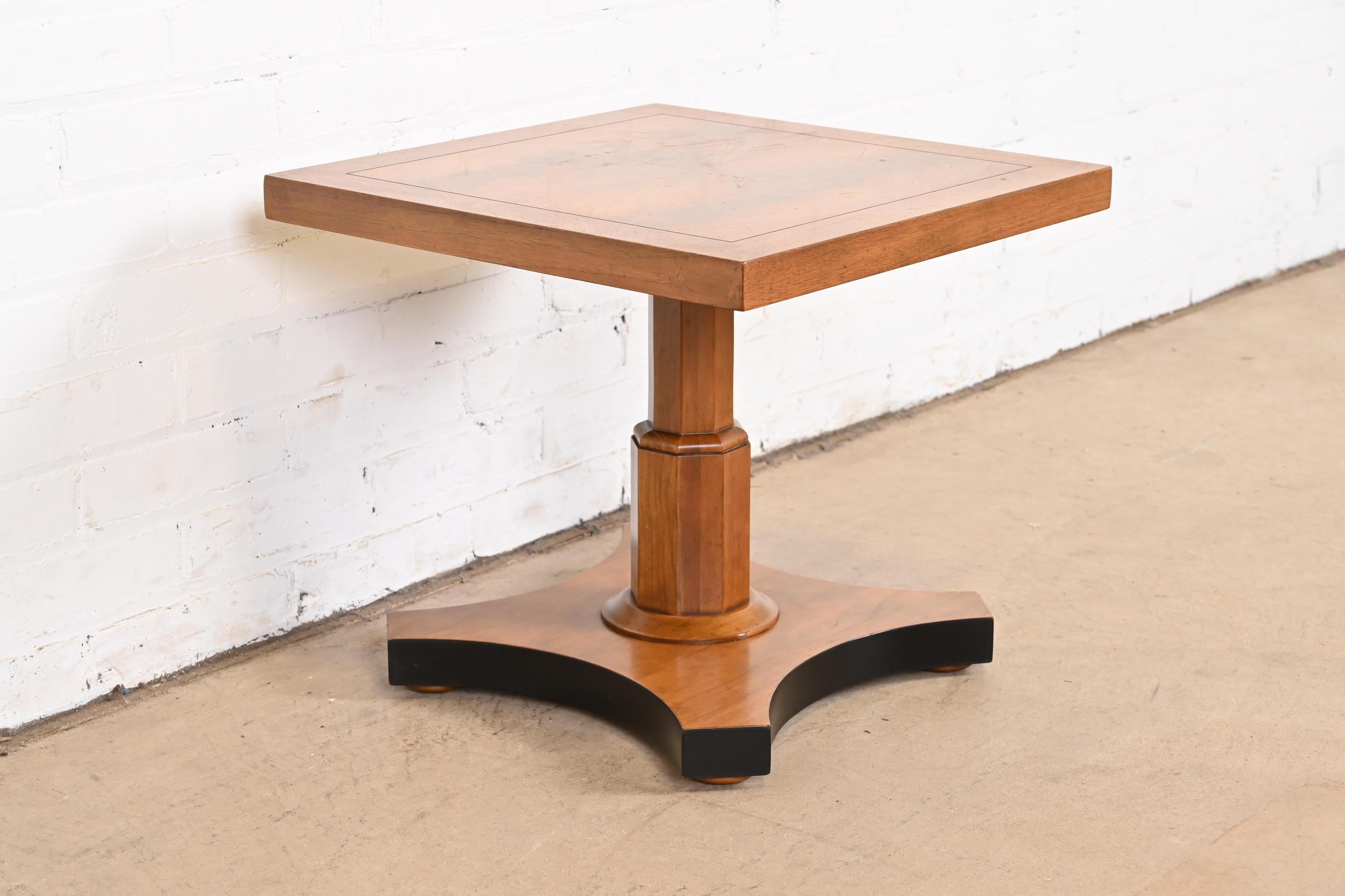 Baker Furniture Neoclassical Burled Walnut Pedestal Tea Table For Sale 2