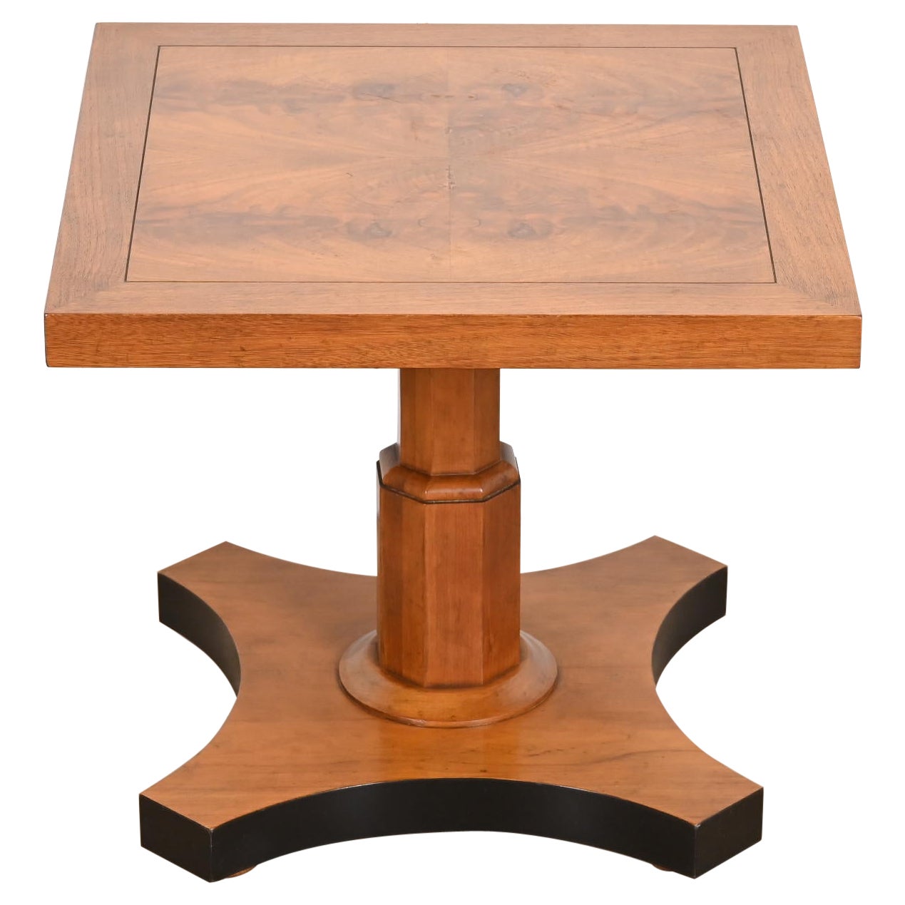 Baker Furniture Neoclassical Burled Walnut Pedestal Tea Table