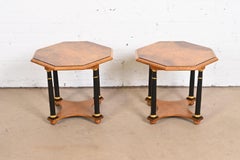 Baker Furniture Neoclassical Burled Walnut Tea Tables, Pair