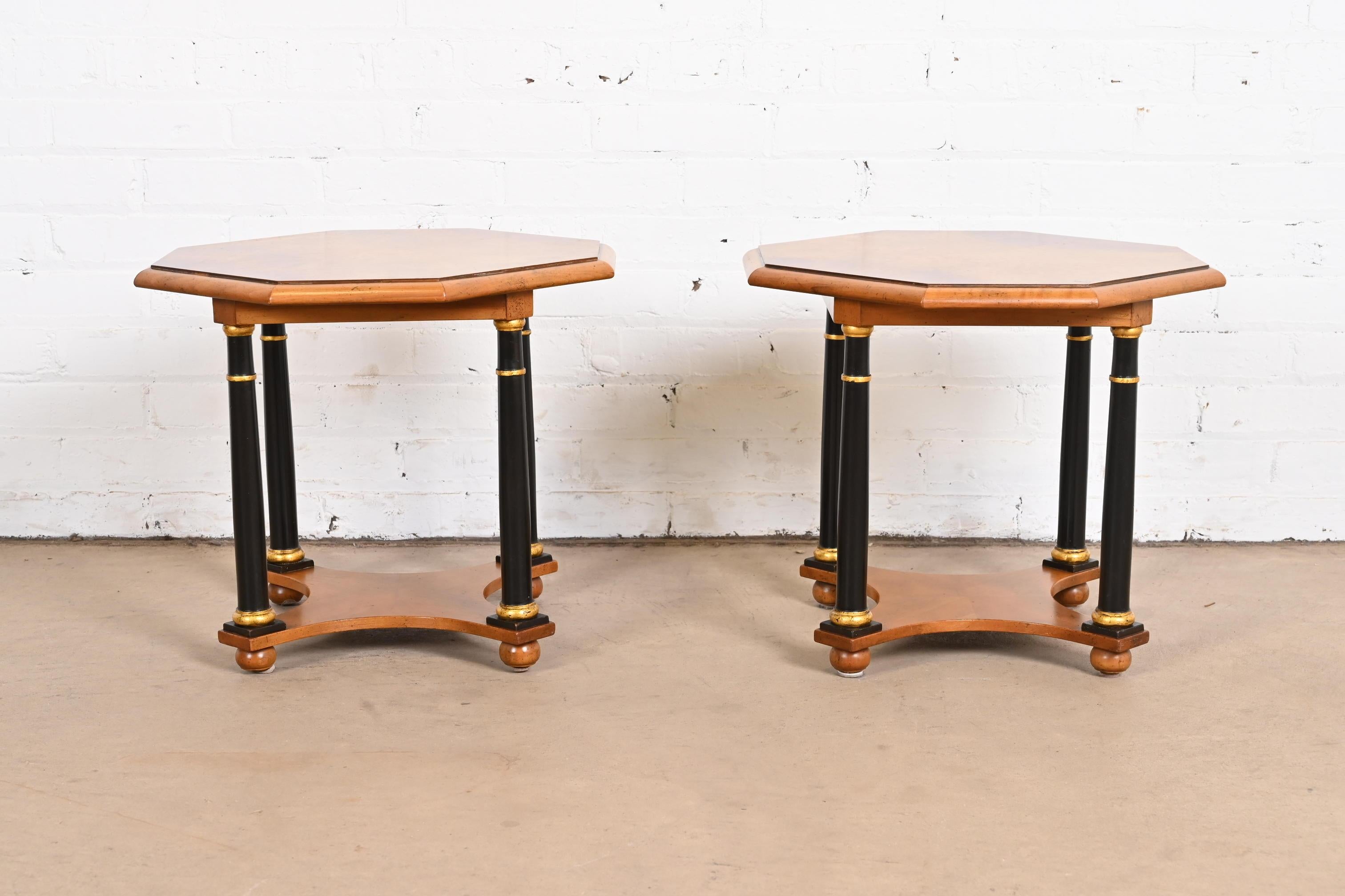 American Baker Furniture Neoclassical Burled Walnut Tea Tables, Pair For Sale