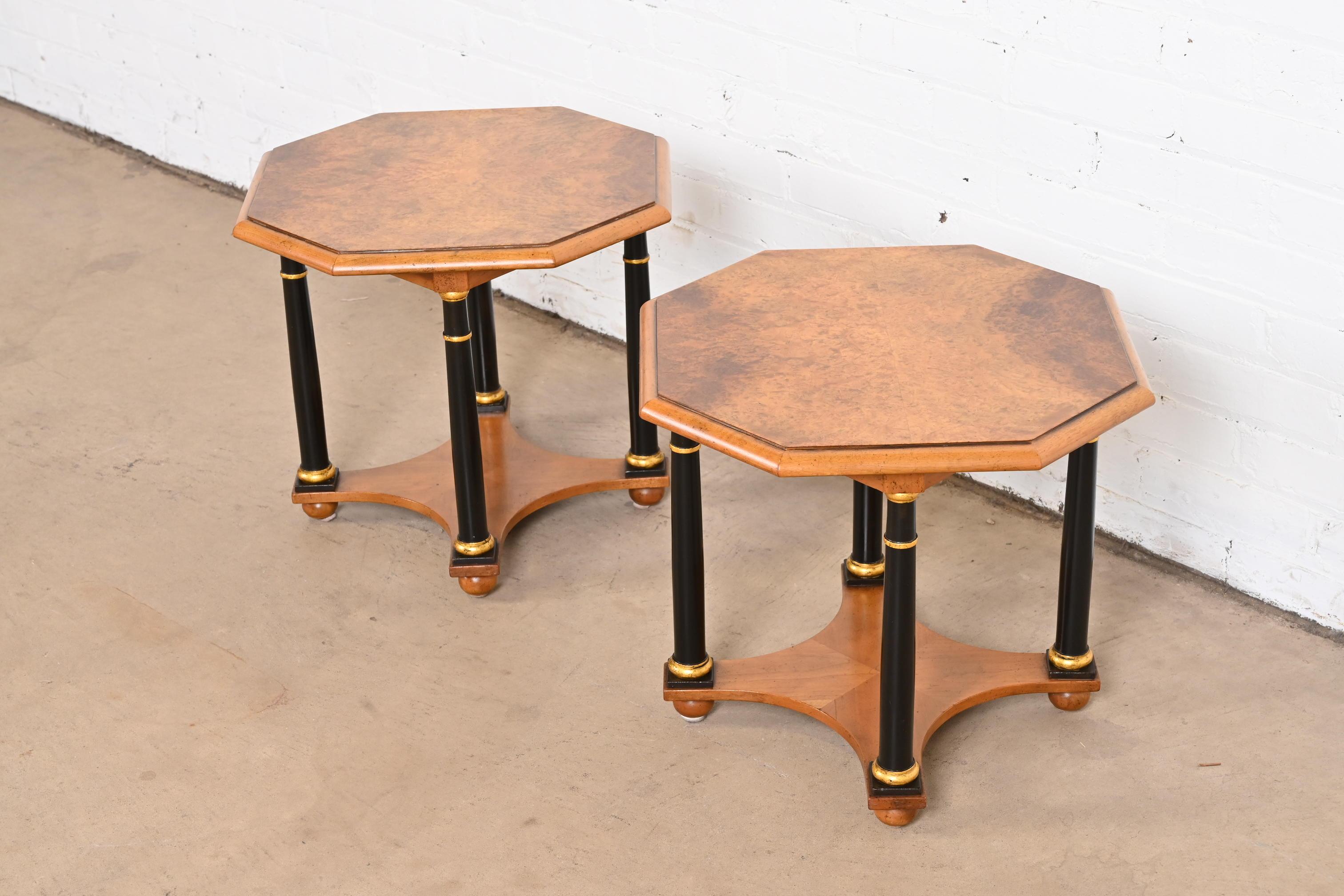 Baker Furniture Neoclassical Burled Walnut Tea Tables, Pair In Good Condition For Sale In South Bend, IN