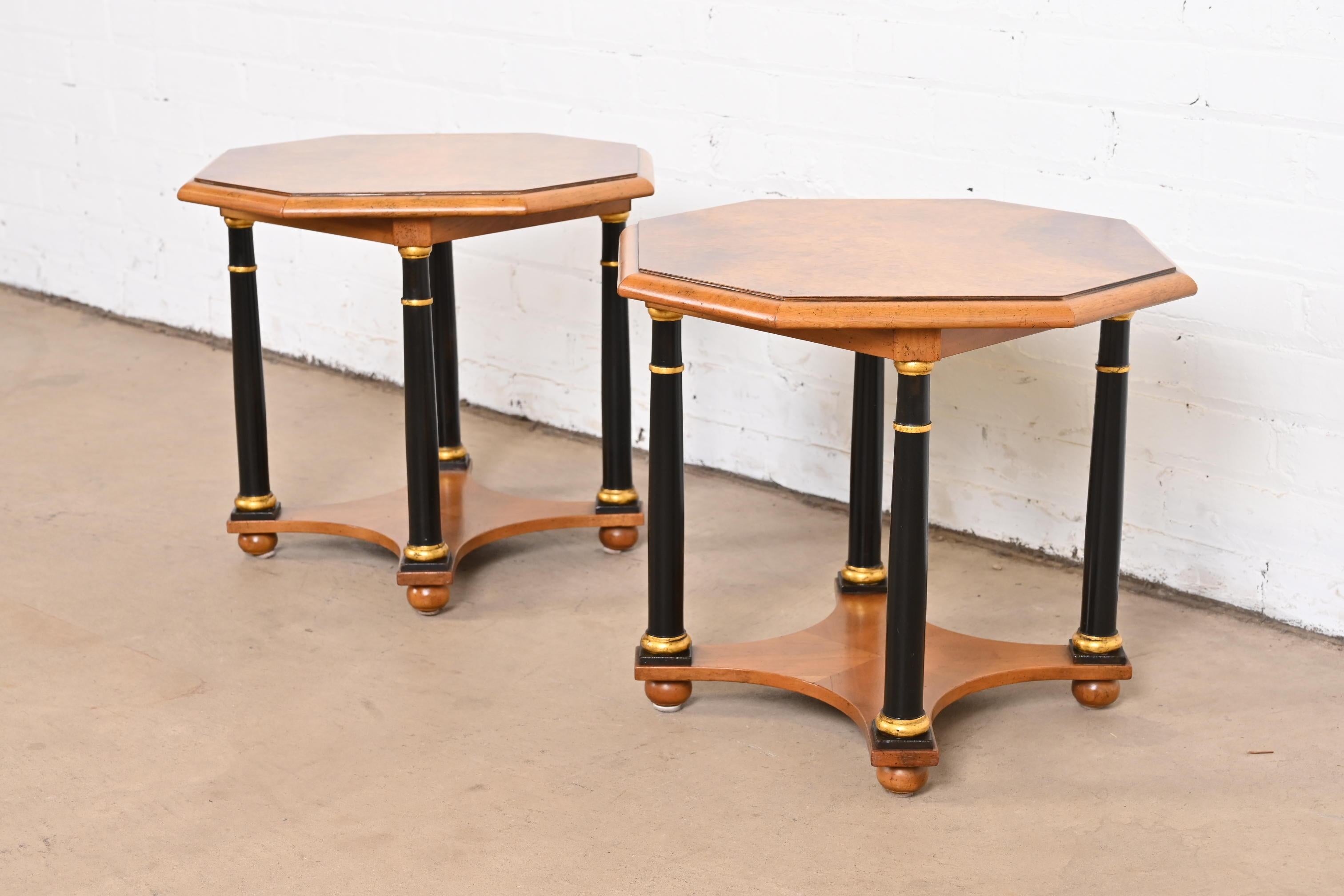 Mid-20th Century Baker Furniture Neoclassical Burled Walnut Tea Tables, Pair For Sale