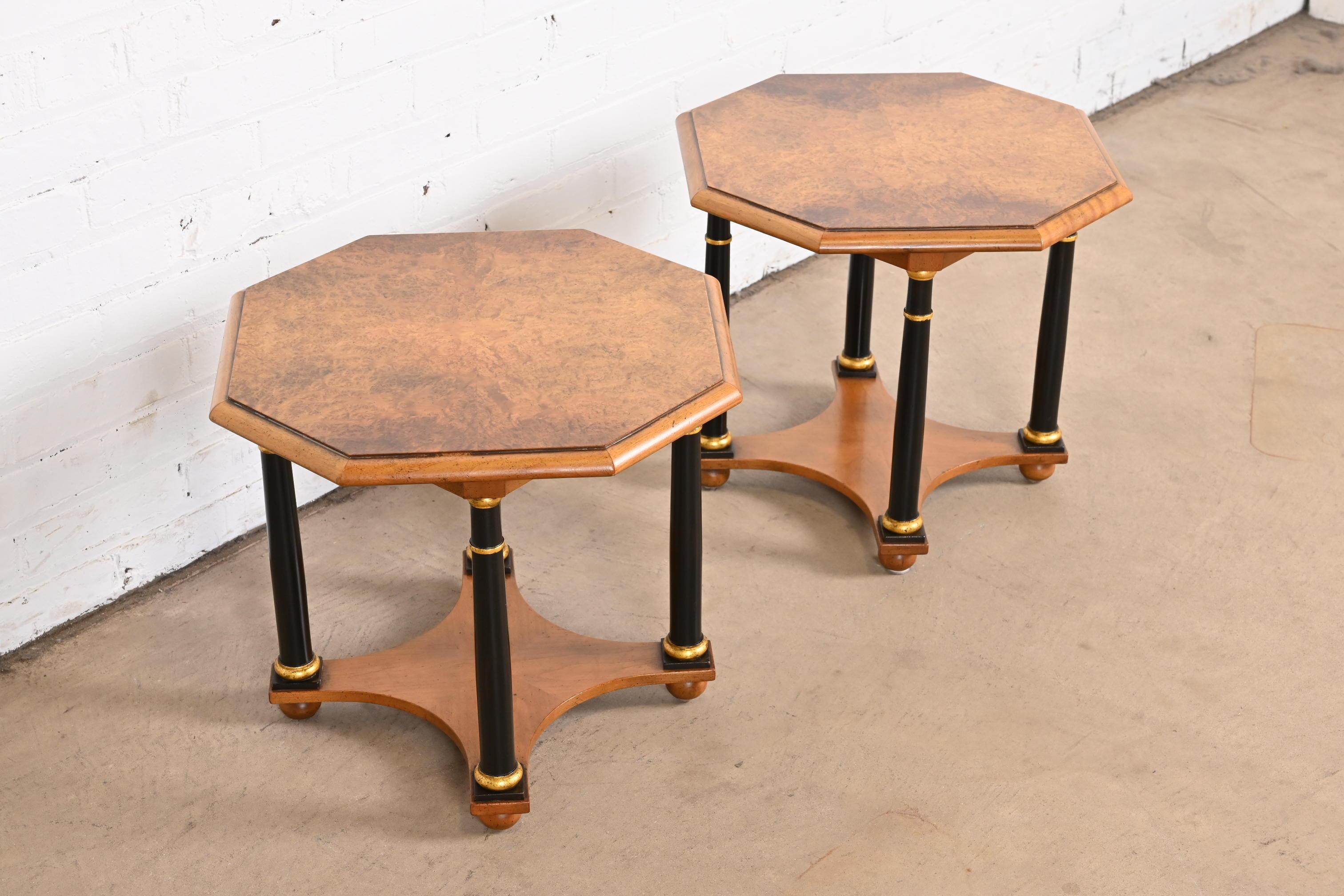 Baker Furniture Neoclassical Burled Walnut Tea Tables, Pair For Sale 1