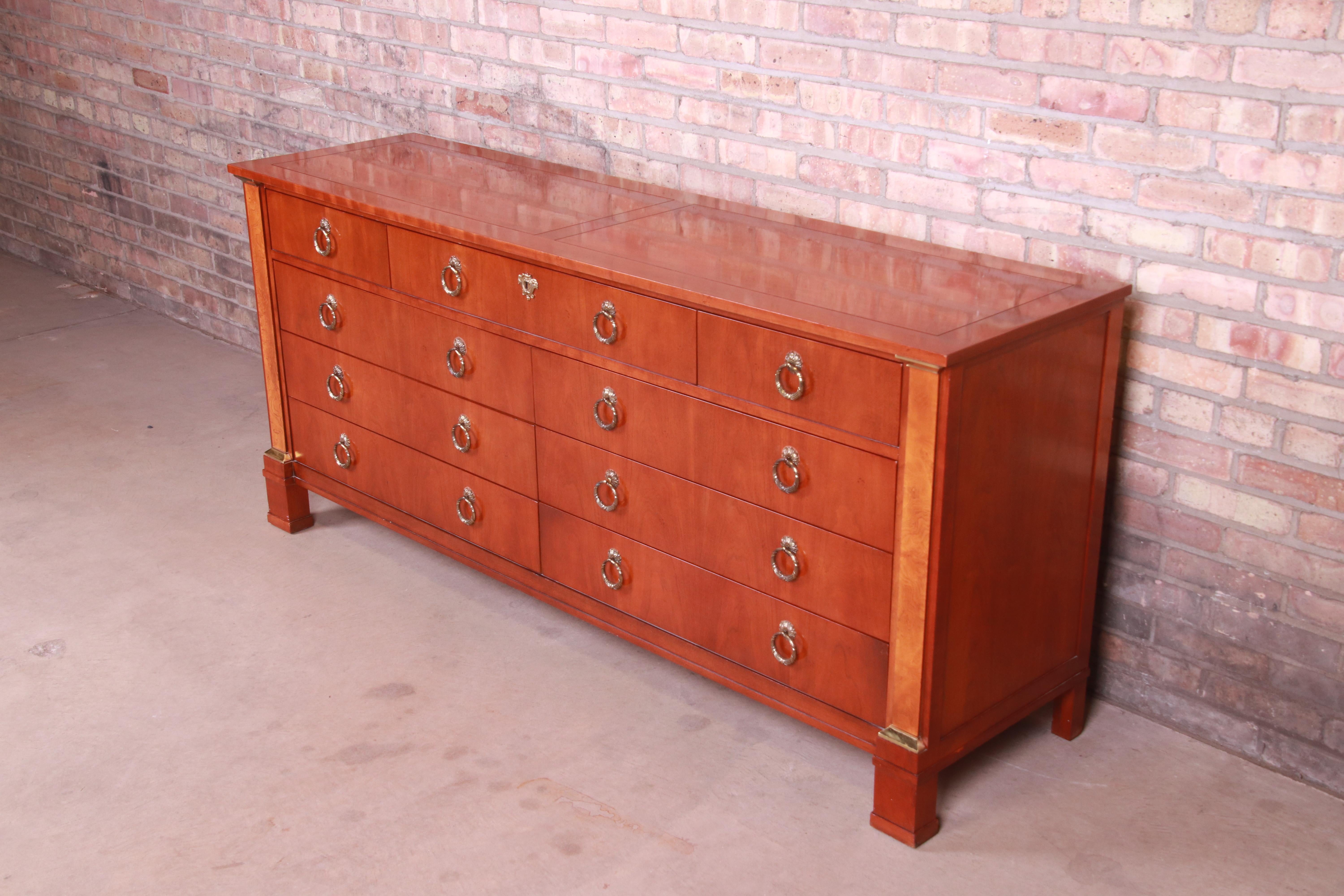 American Baker Furniture Neoclassical Cherry and Burl Wood Dresser or Credenza