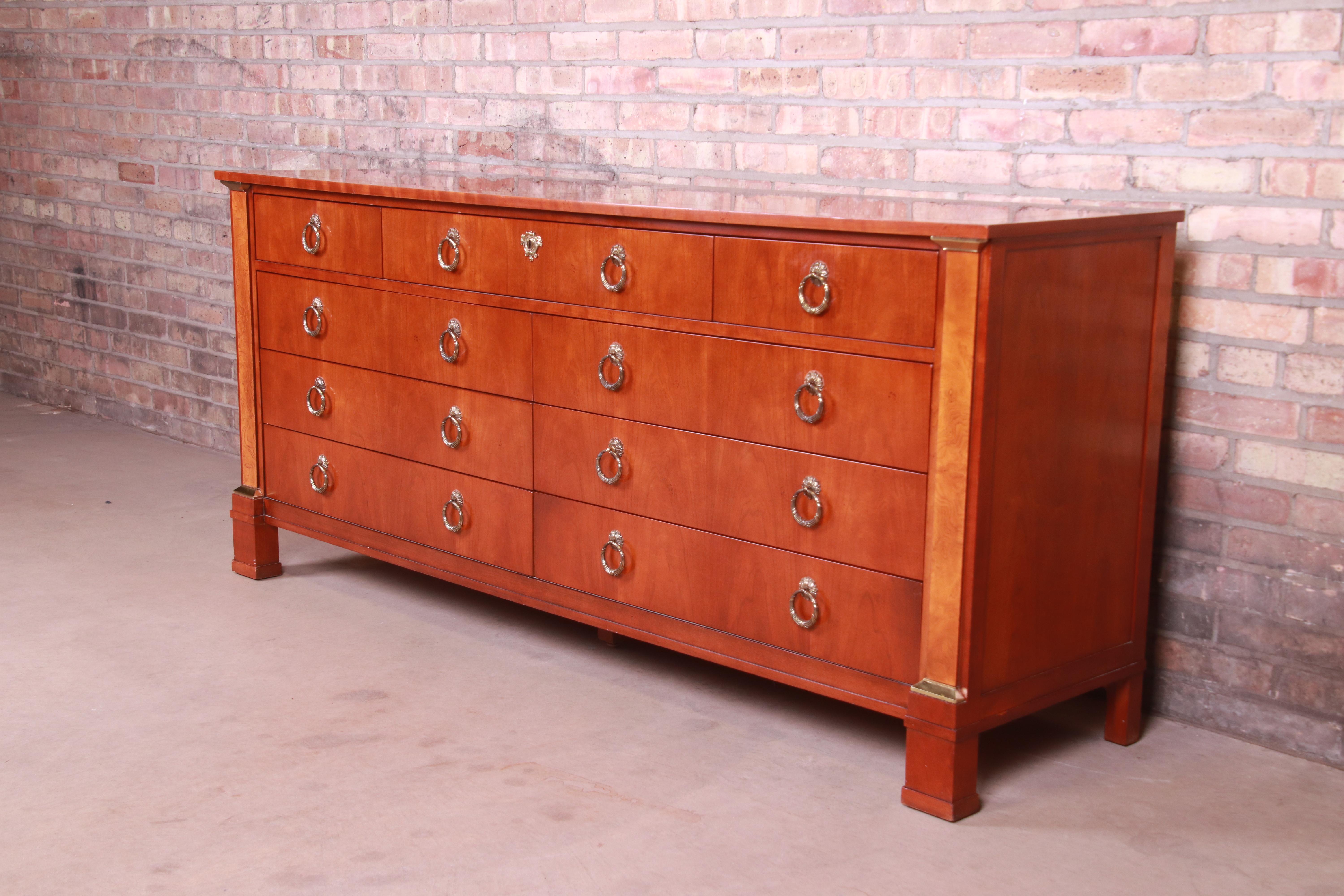 Baker Furniture Neoclassical Cherry and Burl Wood Dresser or Credenza In Good Condition In South Bend, IN