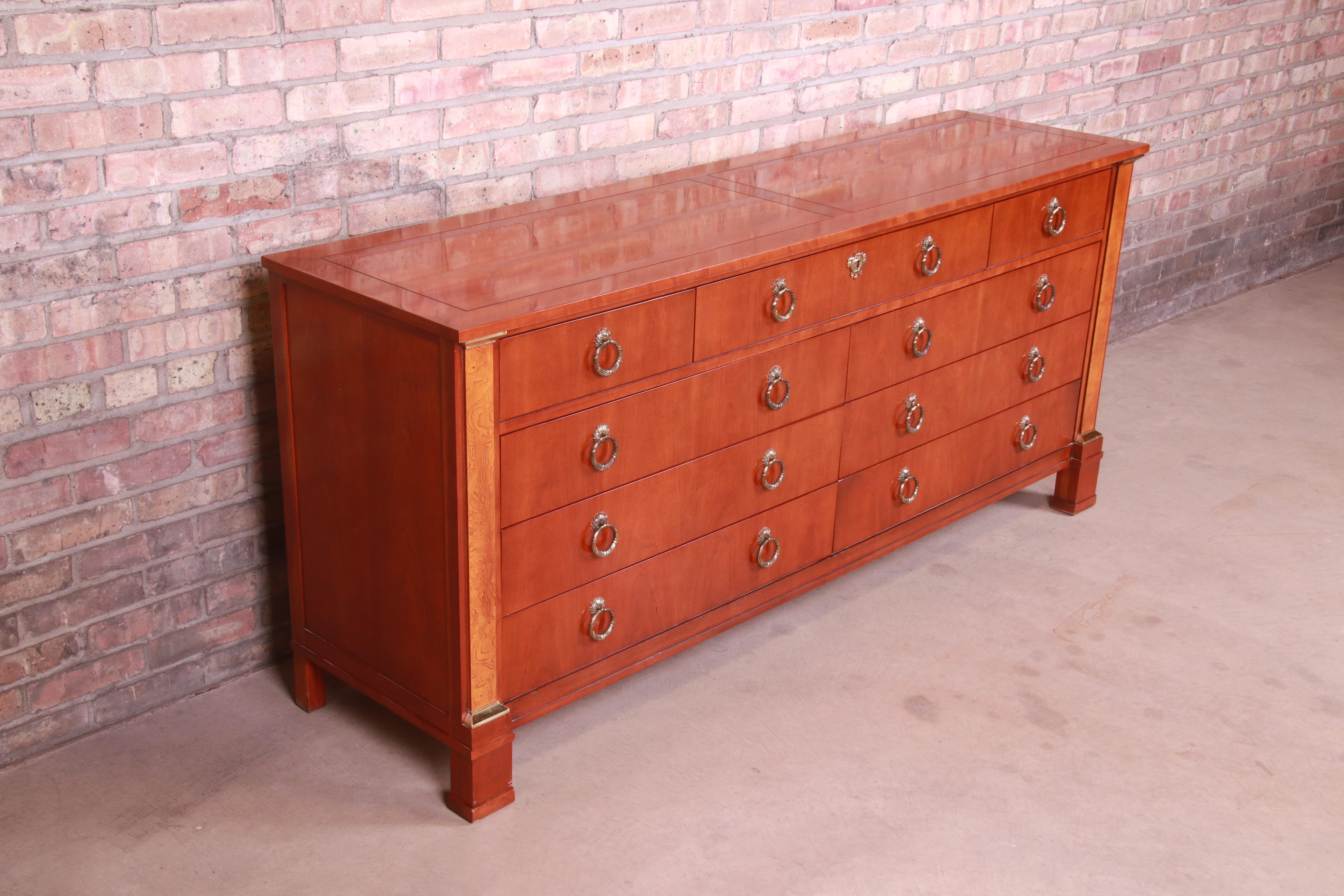 20th Century Baker Furniture Neoclassical Cherry and Burl Wood Dresser or Credenza