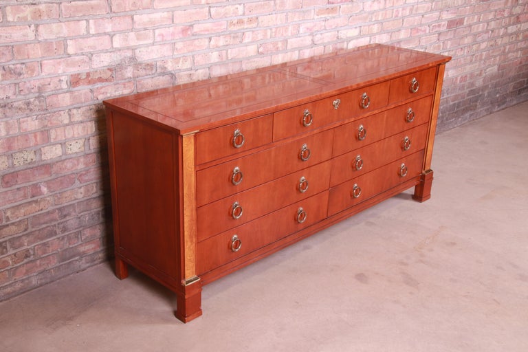 20th Century Baker Furniture Neoclassical Cherry and Burl Wood Dresser or Credenza For Sale