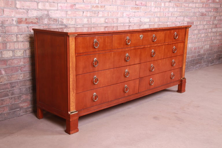 Brass Baker Furniture Neoclassical Cherry and Burl Wood Dresser or Credenza For Sale
