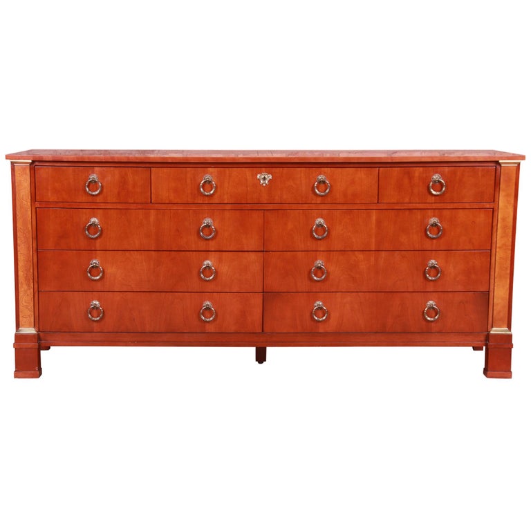 Baker Furniture Neoclassical Cherry and Burl Wood Dresser or Credenza For Sale