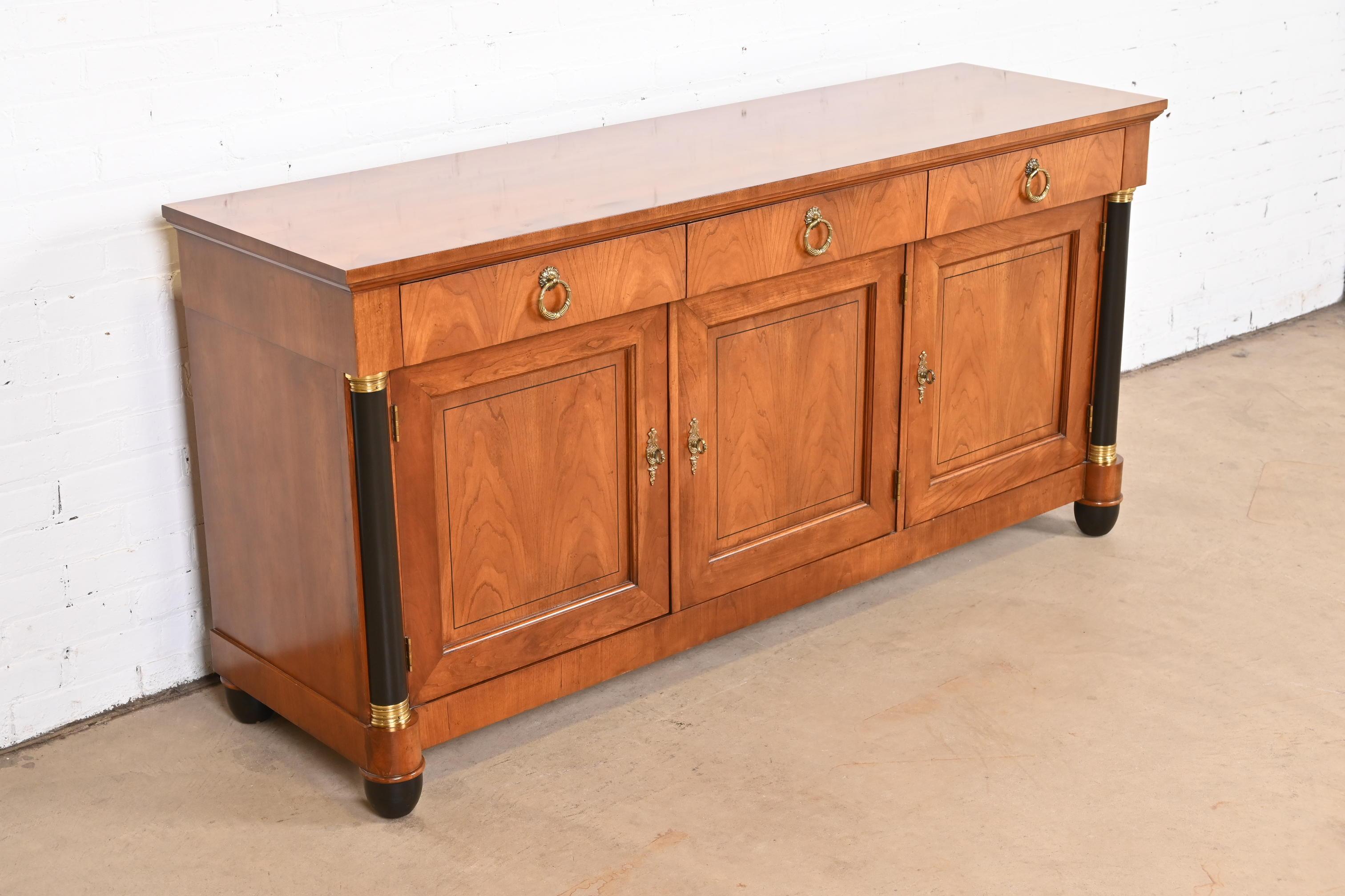 Brass Baker Furniture Neoclassical Cherry Wood and Parcel Ebonized Sideboard Credenza