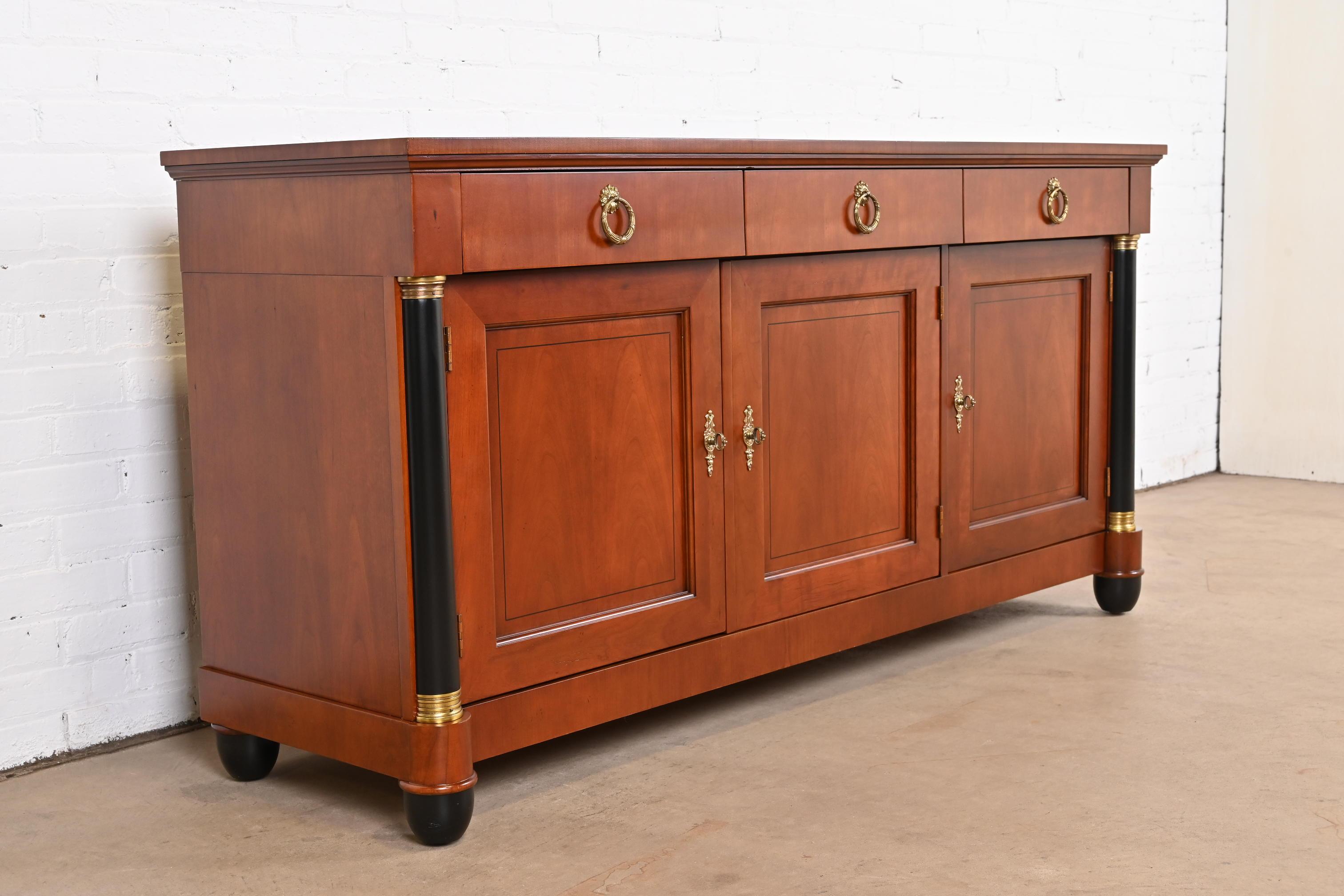 Brass Baker Furniture Neoclassical Cherry Wood and Parcel Ebonized Sideboard Credenza For Sale