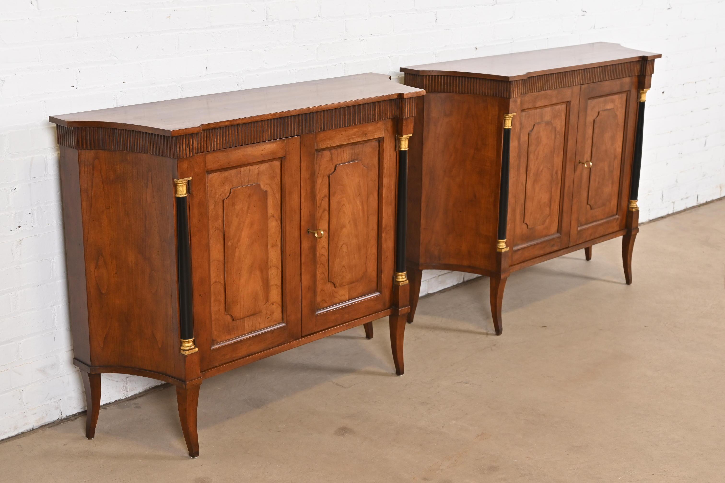 Mid-20th Century Baker Furniture Neoclassical Cherry Wood and Parcel Ebonized Sideboards, Pair For Sale