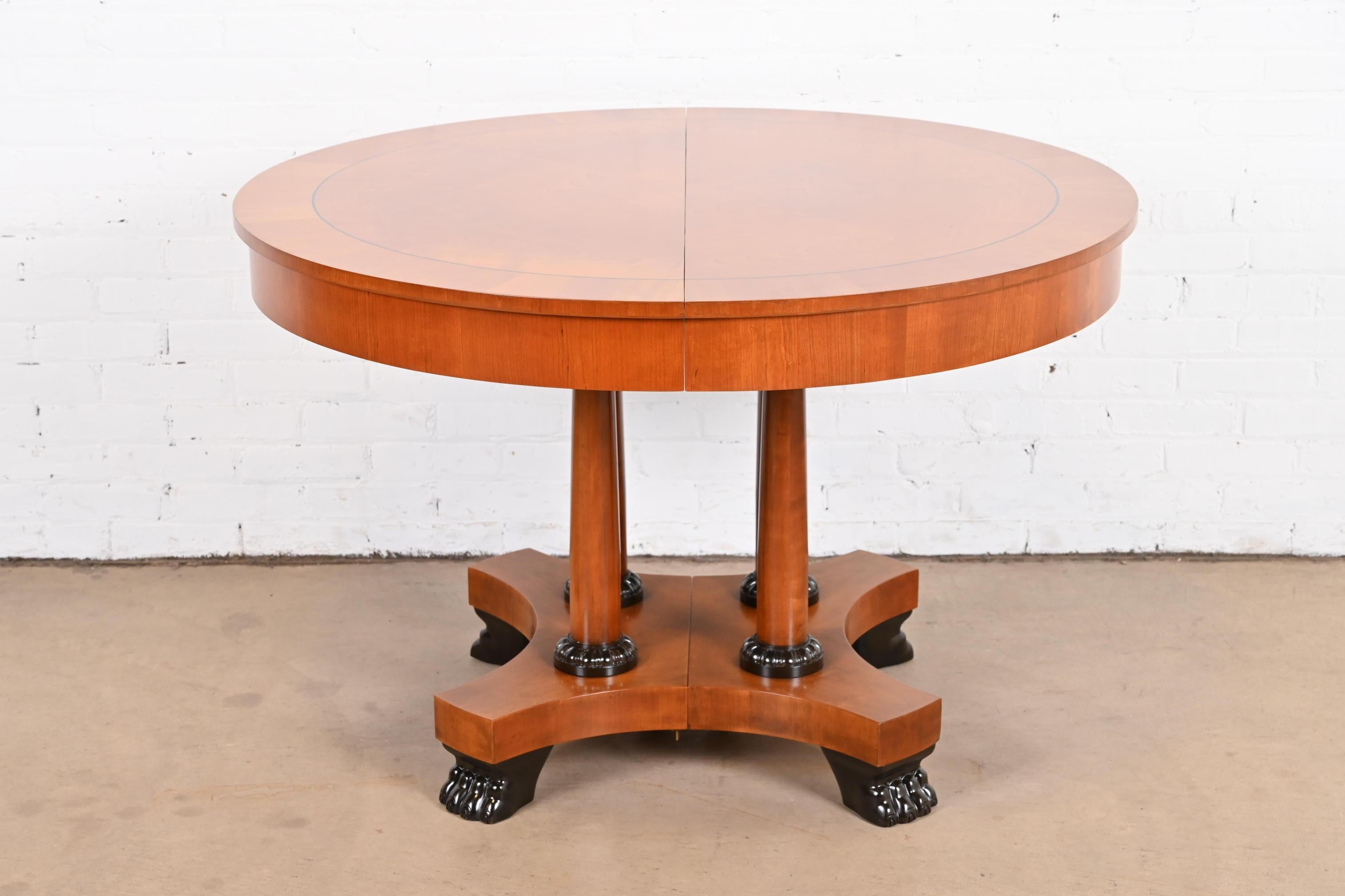 American Baker Furniture Neoclassical Cherry Wood Pedestal Dining Table, Newly Refinished For Sale