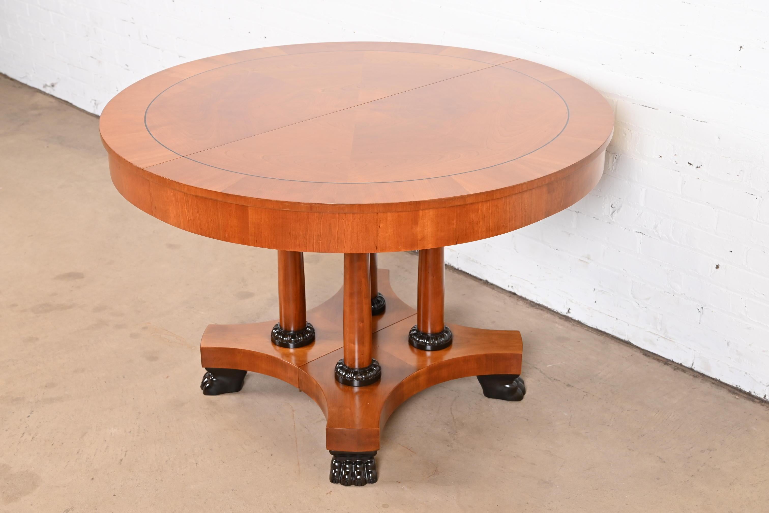 Baker Furniture Neoclassical Cherry Wood Pedestal Dining Table, Newly Refinished In Good Condition For Sale In South Bend, IN
