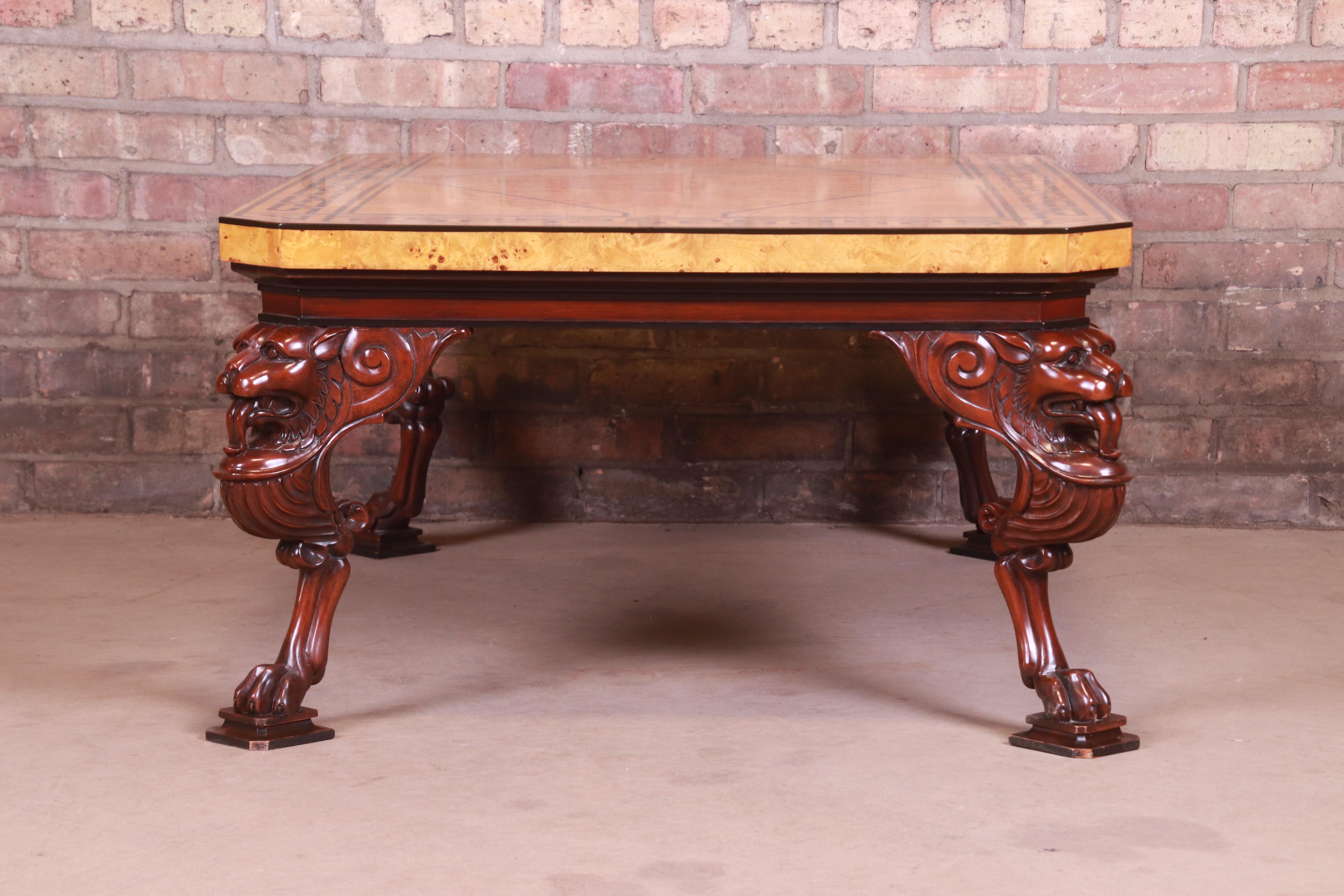 Baker Furniture Neoclassical Cocktail Table with Carved Lion Heads and Burl Top 6