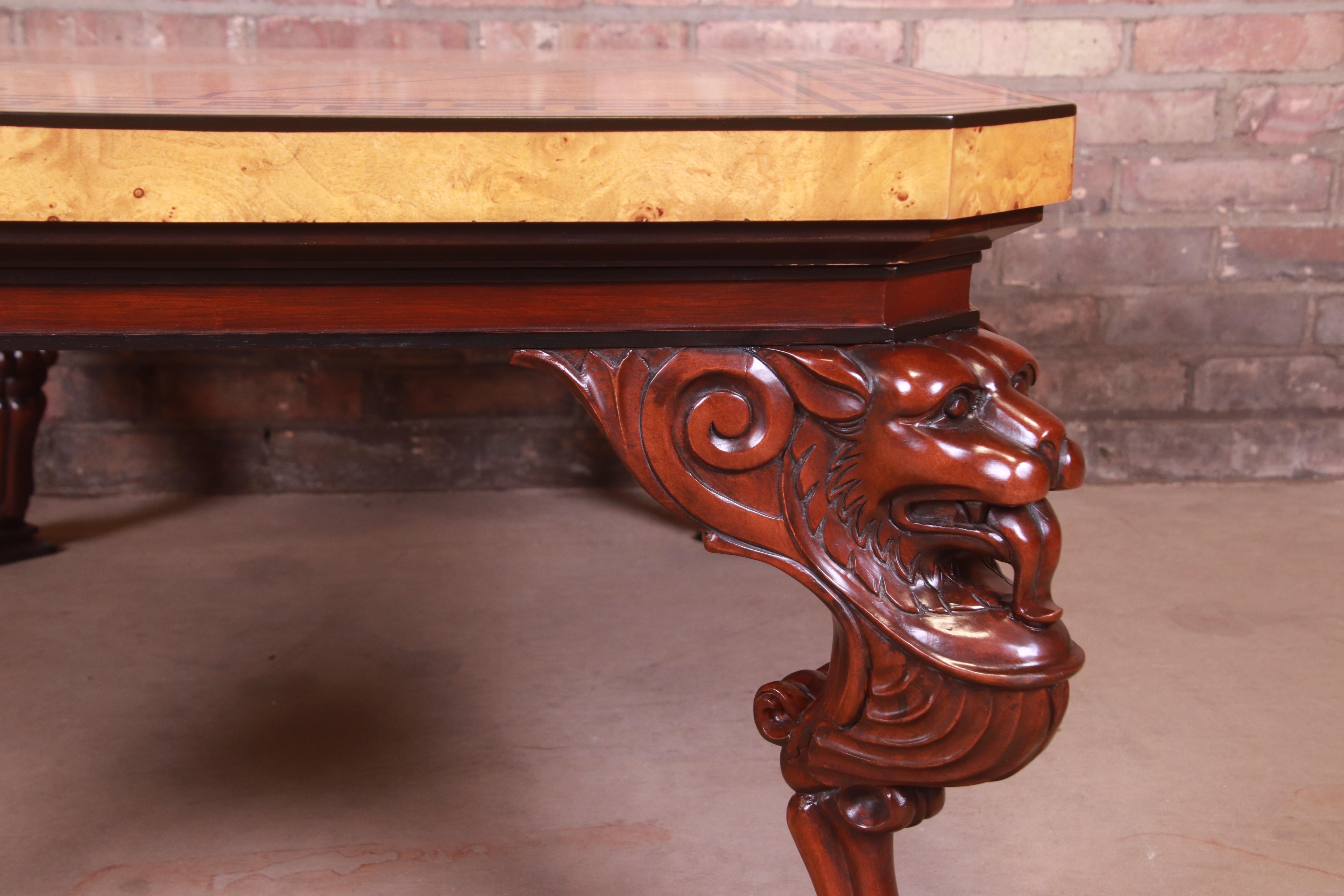 Baker Furniture Neoclassical Cocktail Table with Carved Lion Heads and Burl Top 7