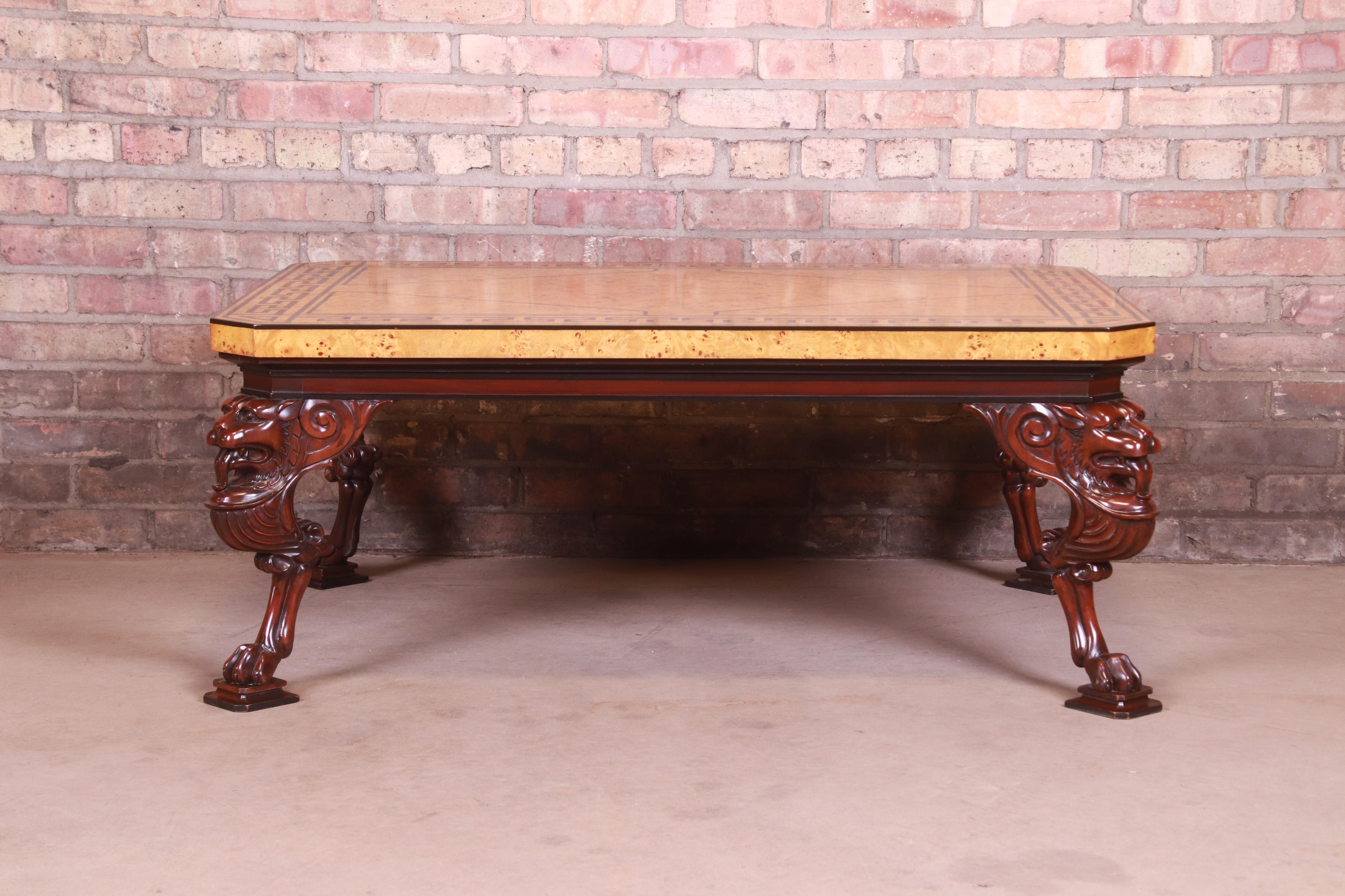 American Baker Furniture Neoclassical Cocktail Table with Carved Lion Heads and Burl Top