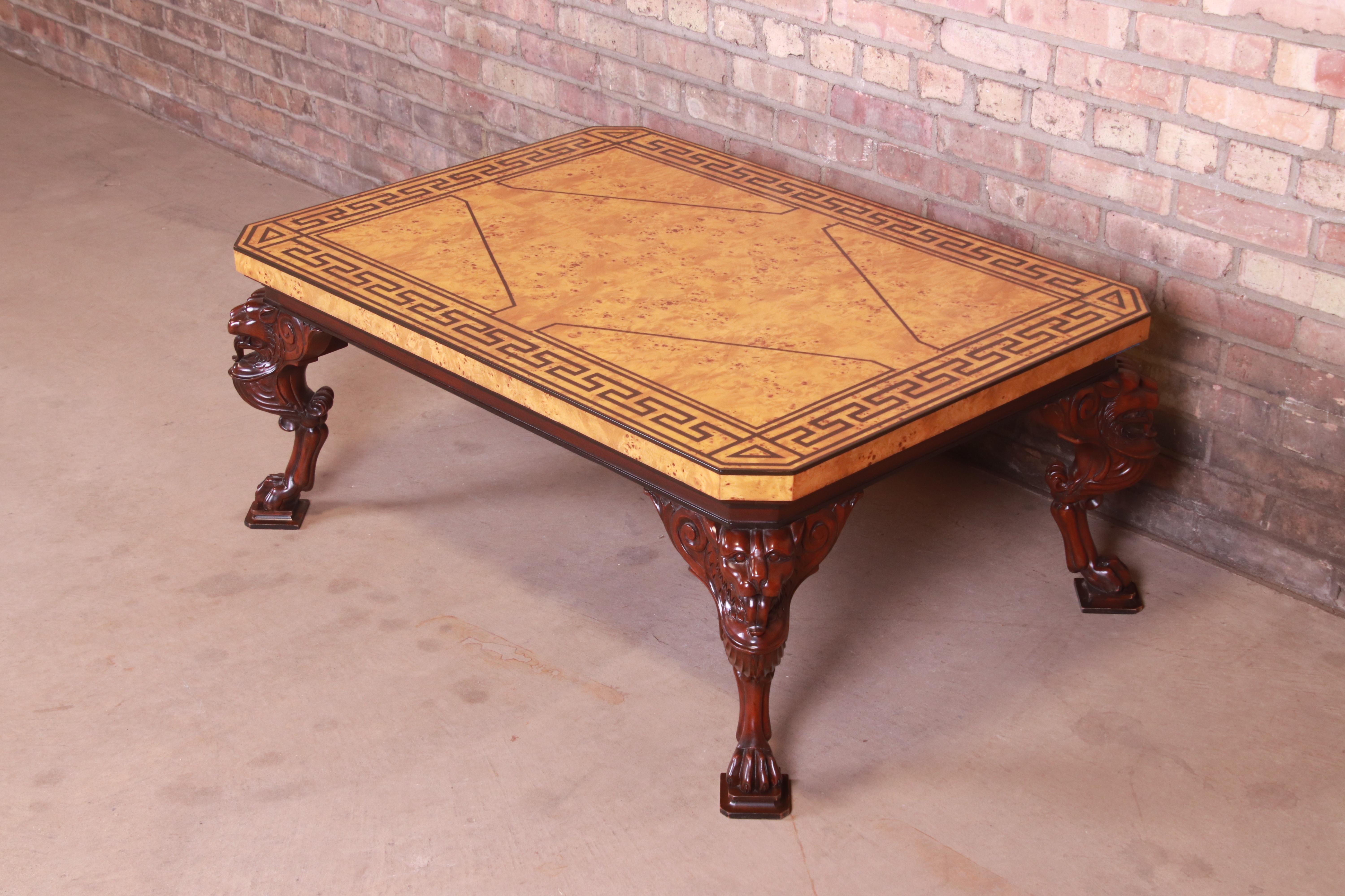 Baker Furniture Neoclassical Cocktail Table with Carved Lion Heads and Burl Top In Good Condition In South Bend, IN