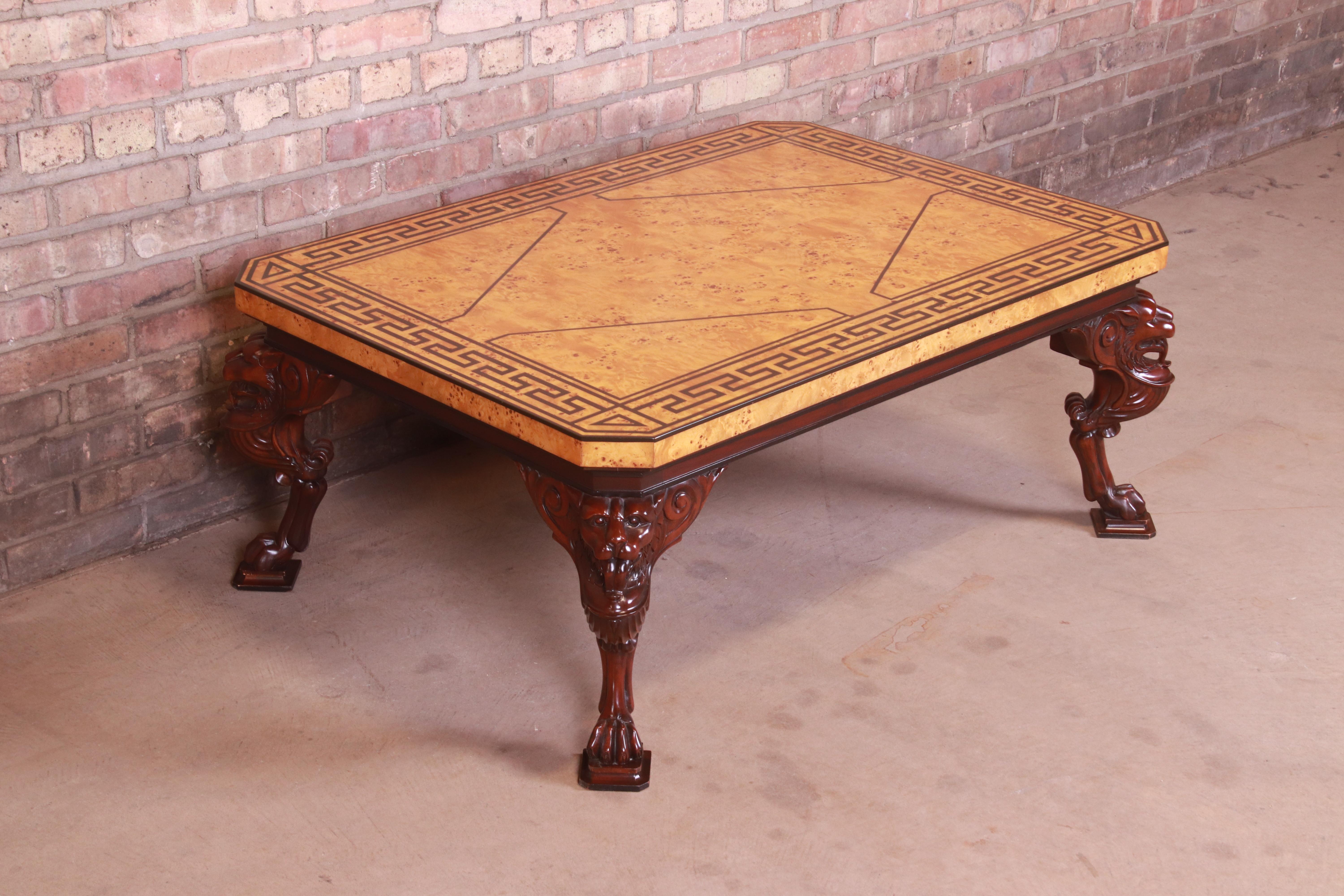 20th Century Baker Furniture Neoclassical Cocktail Table with Carved Lion Heads and Burl Top