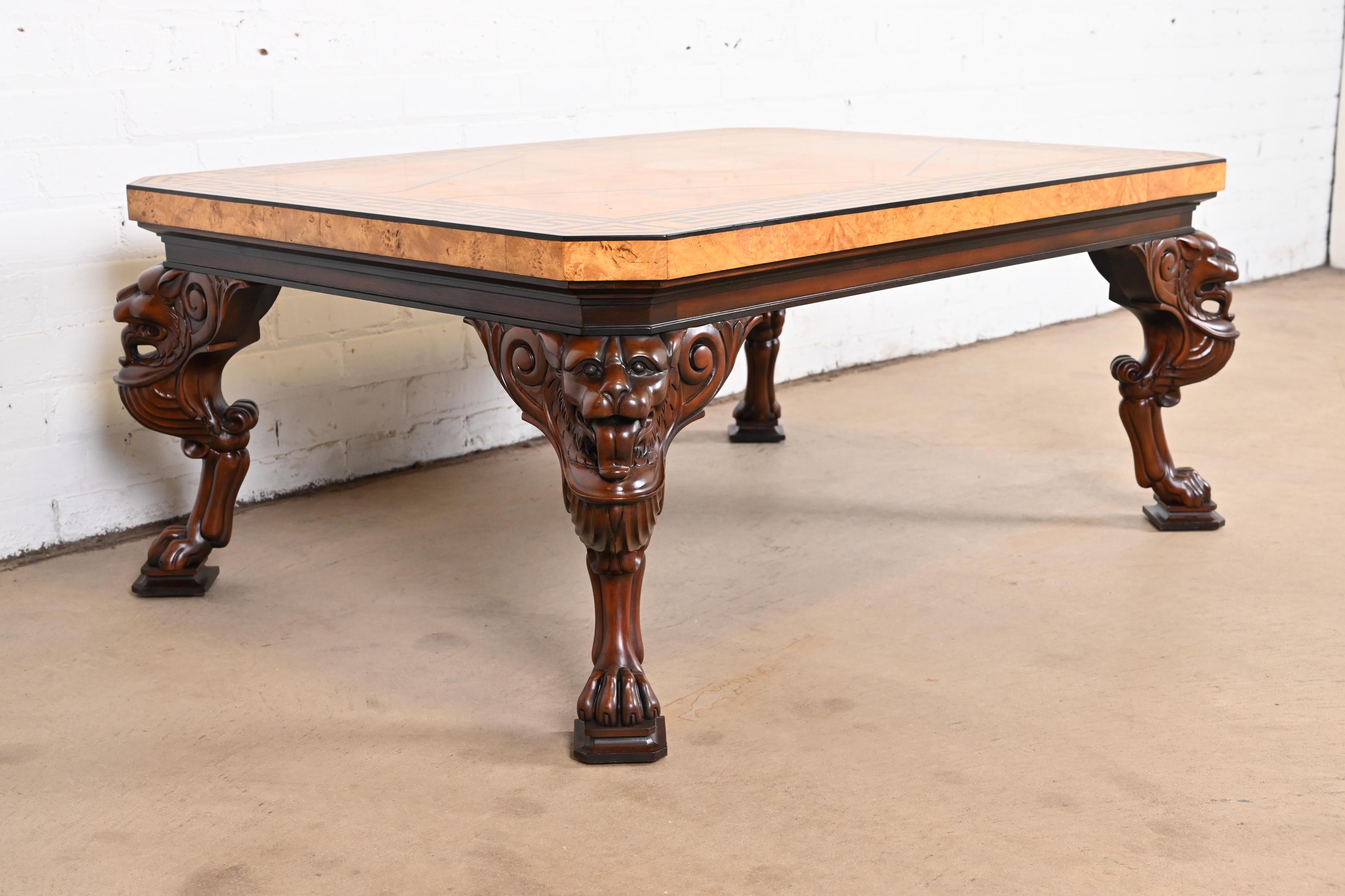 20th Century Baker Furniture Neoclassical Cocktail Table with Carved Lion Heads and Burl Top For Sale
