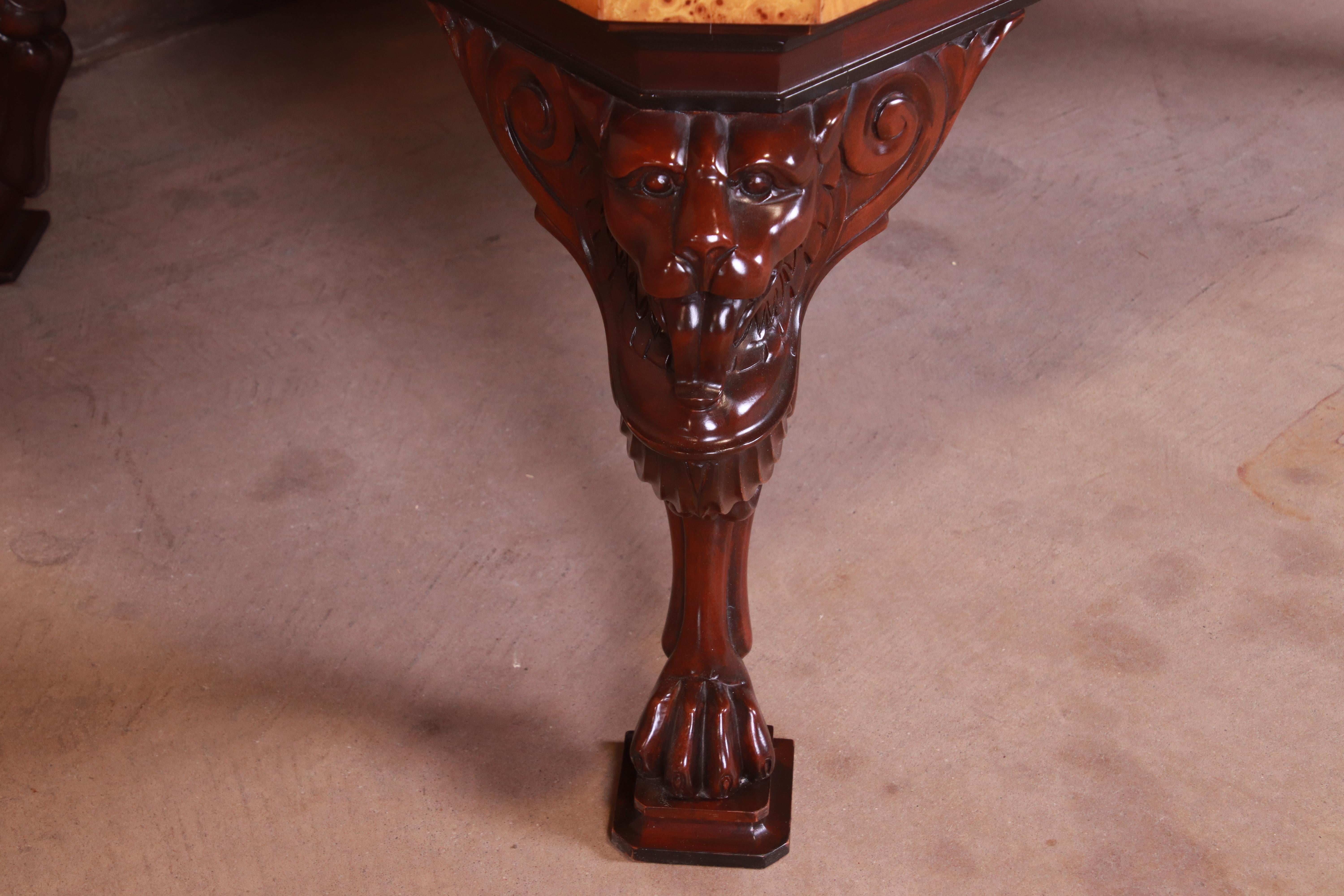 Baker Furniture Neoclassical Cocktail Table with Carved Lion Heads and Burl Top 1