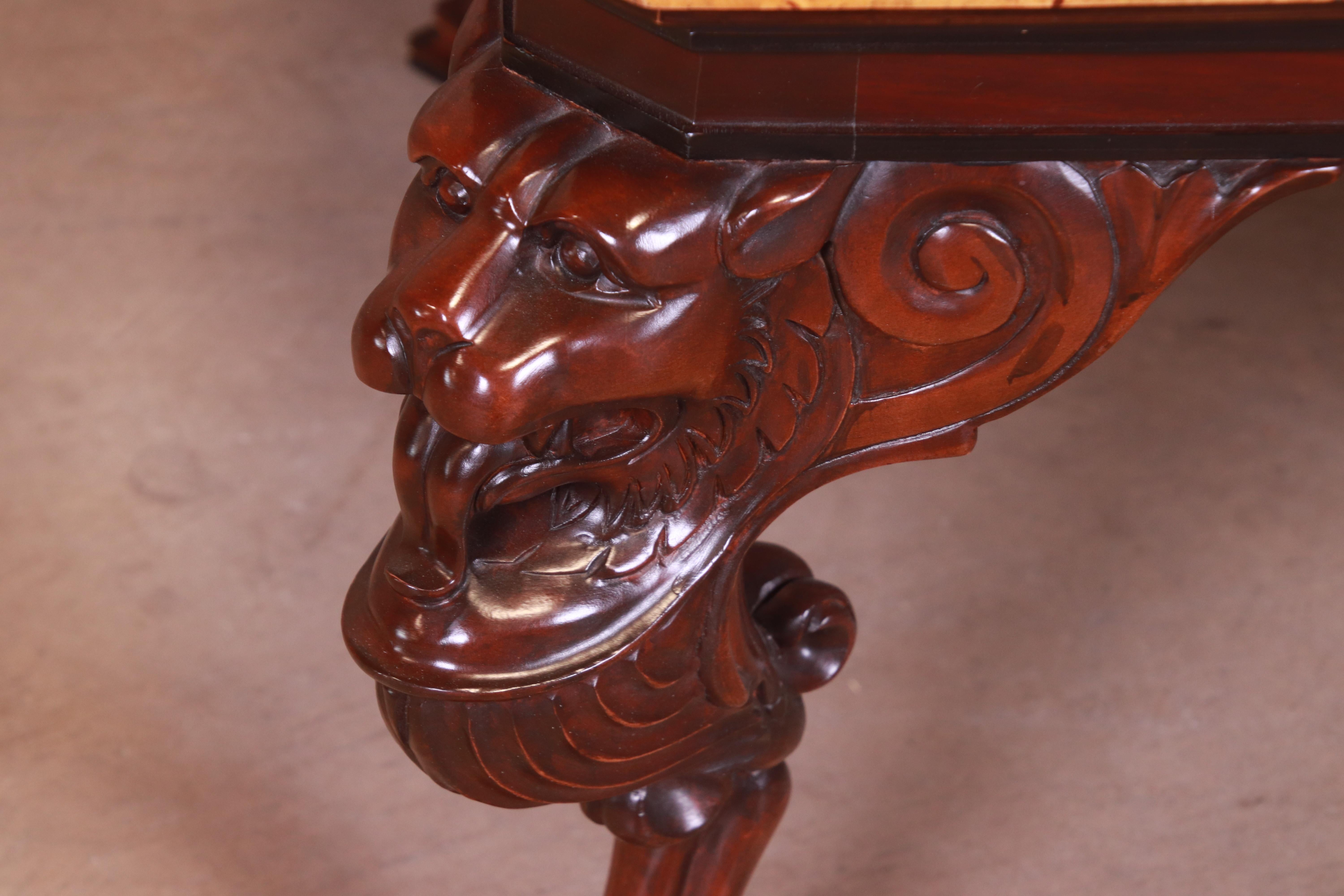 Baker Furniture Neoclassical Cocktail Table with Carved Lion Heads and Burl Top 2