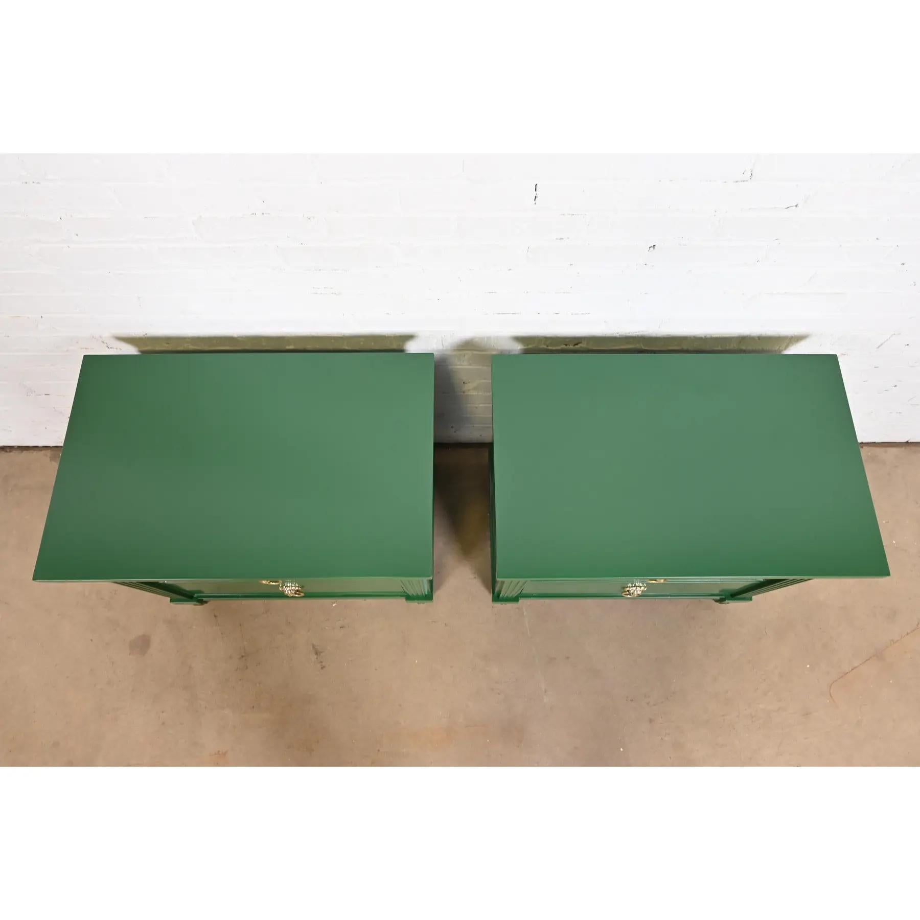 Baker Furniture Neoclassical Green Lacquered Mahogany Nightstands, Refinished For Sale 4