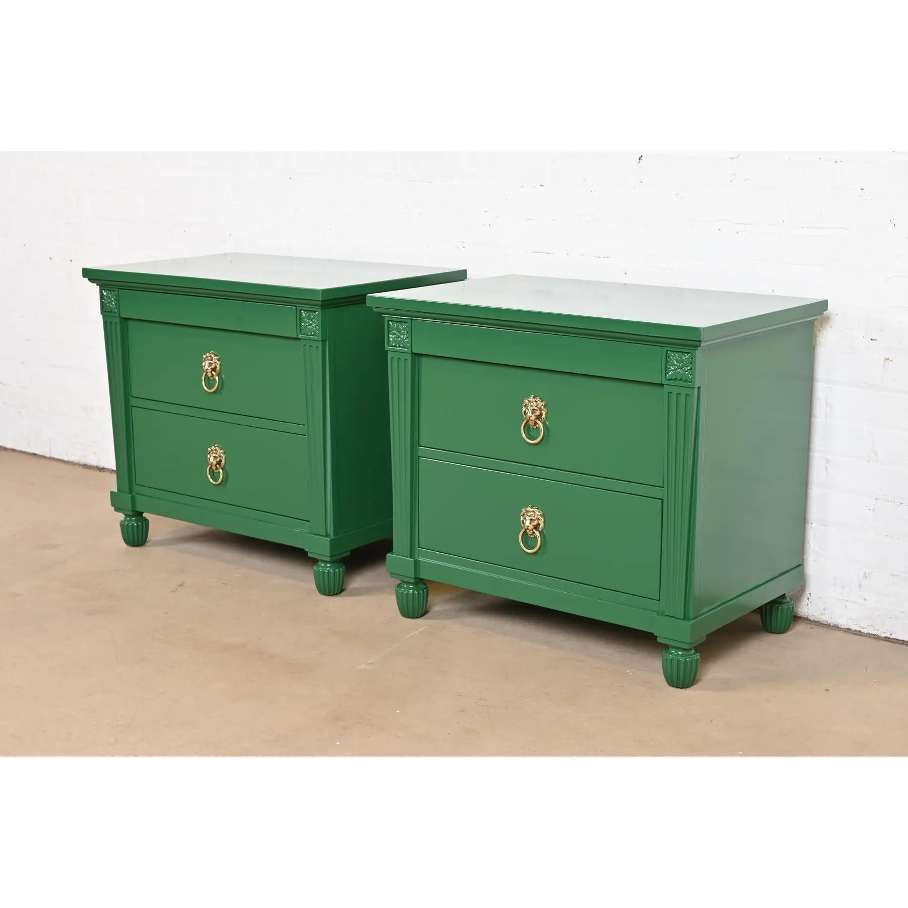 Baker Furniture Neoclassical Green Lacquered Mahogany Nightstands, Refinished In Good Condition For Sale In South Bend, IN