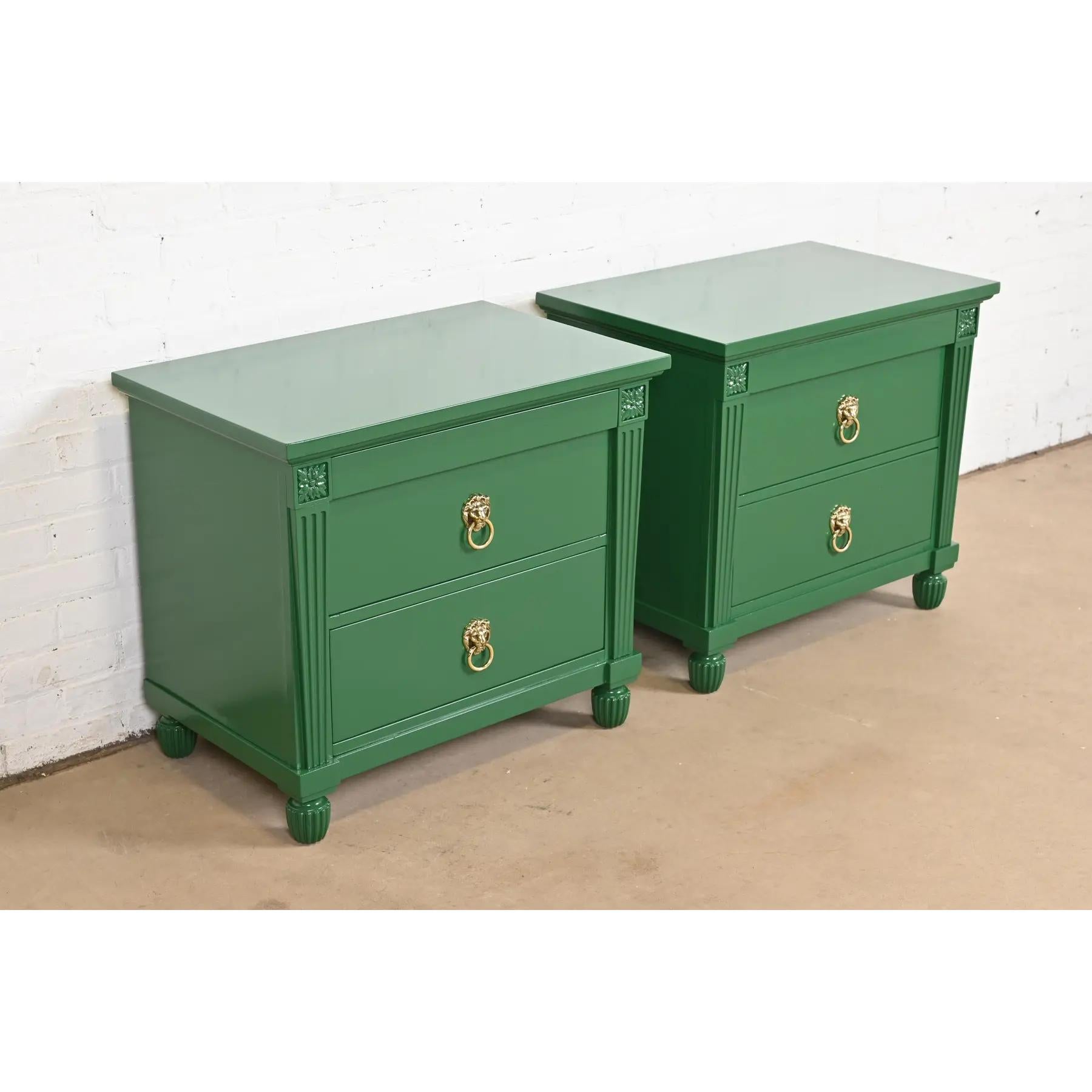 Late 20th Century Baker Furniture Neoclassical Green Lacquered Mahogany Nightstands, Refinished For Sale