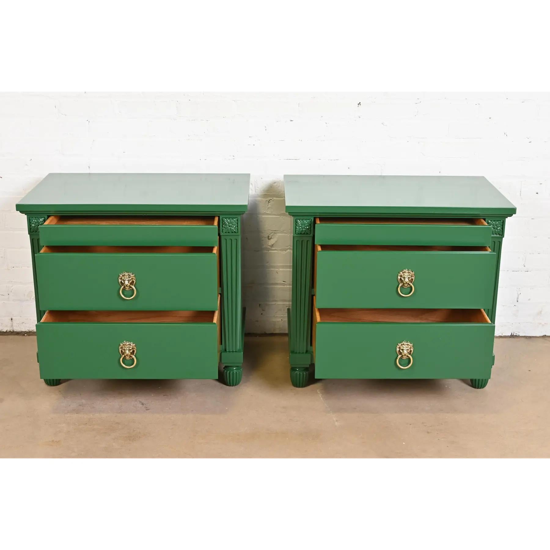 Brass Baker Furniture Neoclassical Green Lacquered Mahogany Nightstands, Refinished For Sale