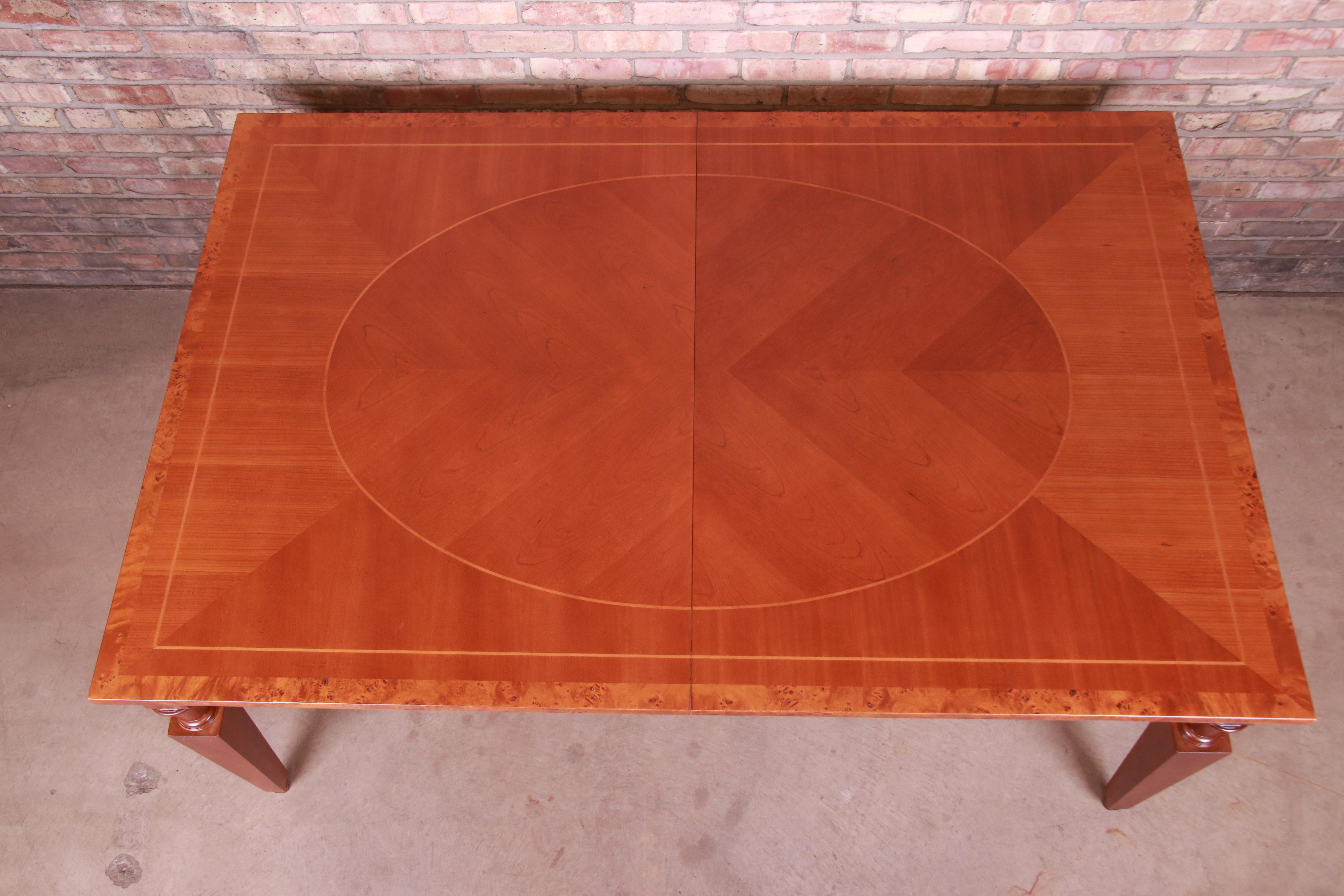 20th Century Baker Furniture Neoclassical Inlaid Cherry and Burl Wood Extension Dining Table For Sale