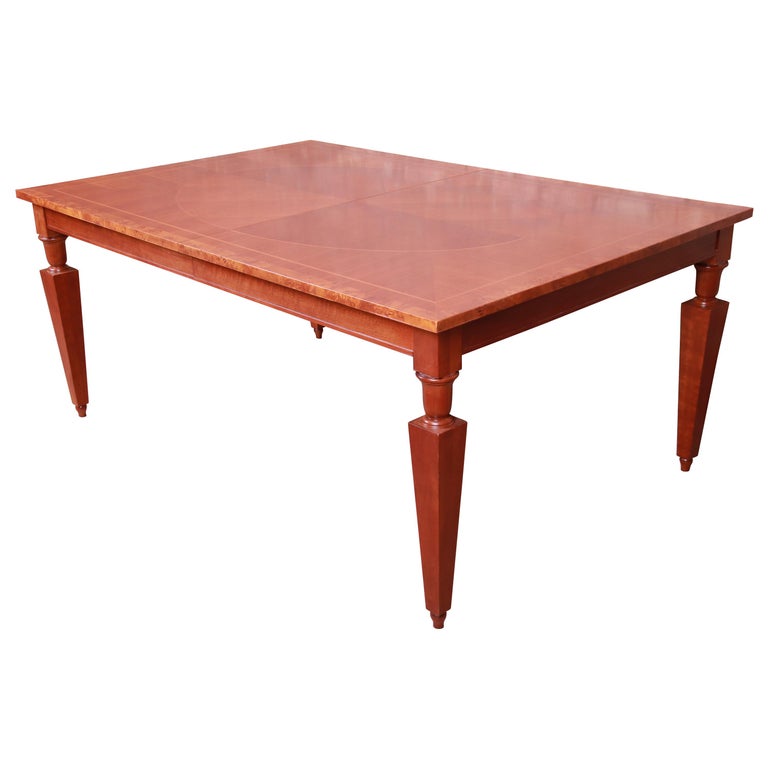 Baker Furniture Neoclassical Inlaid Cherry and Burl Wood Extension Dining Table For Sale