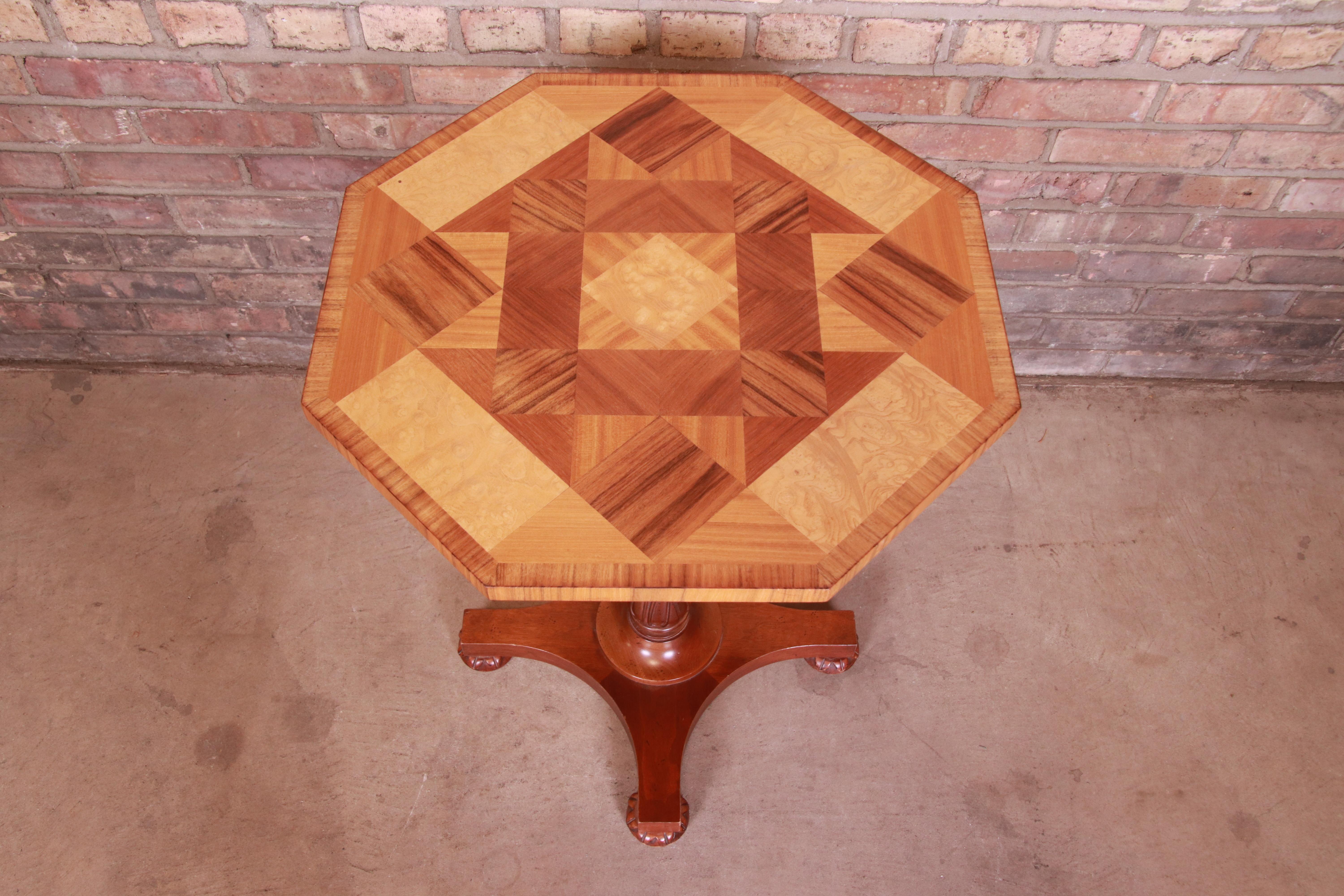 Baker Furniture Neoclassical Inlaid Parquetry Pedestal Tea Table In Good Condition In South Bend, IN