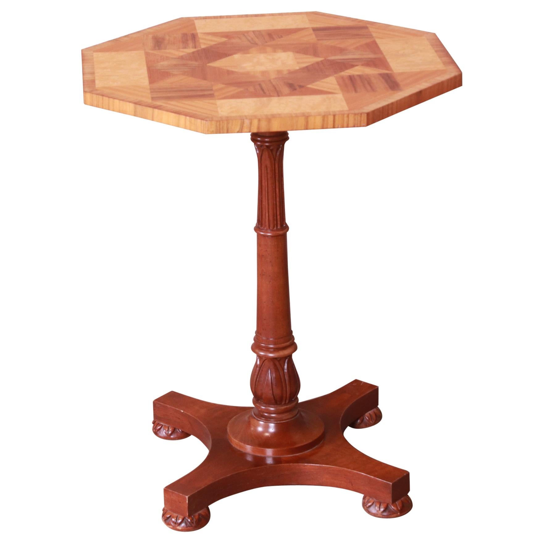 Baker Furniture Neoclassical Inlaid Parquetry Pedestal Tea Table