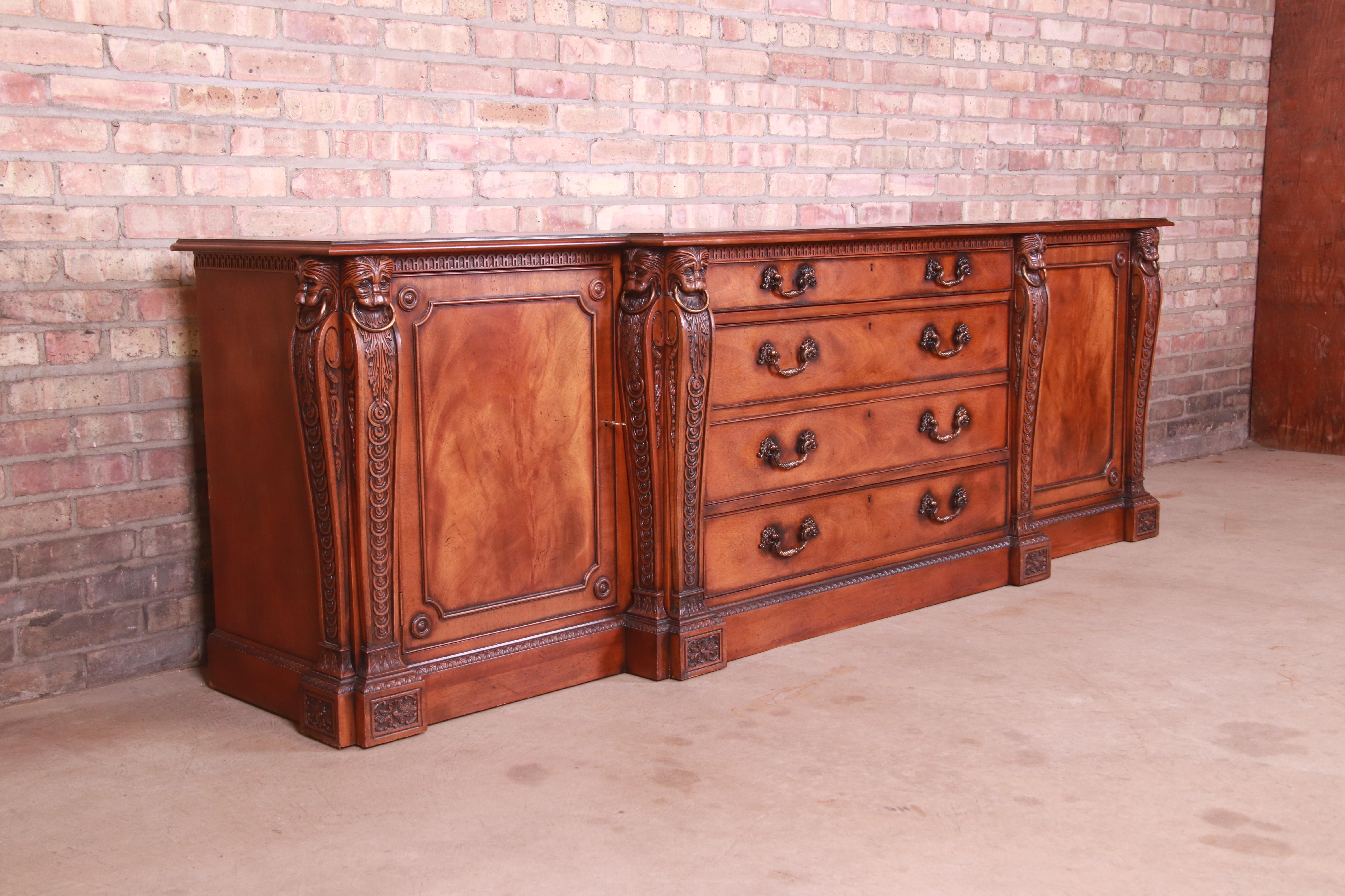 Brass Baker Furniture Neoclassical Ornately Carved Mahogany Sideboard Credenza