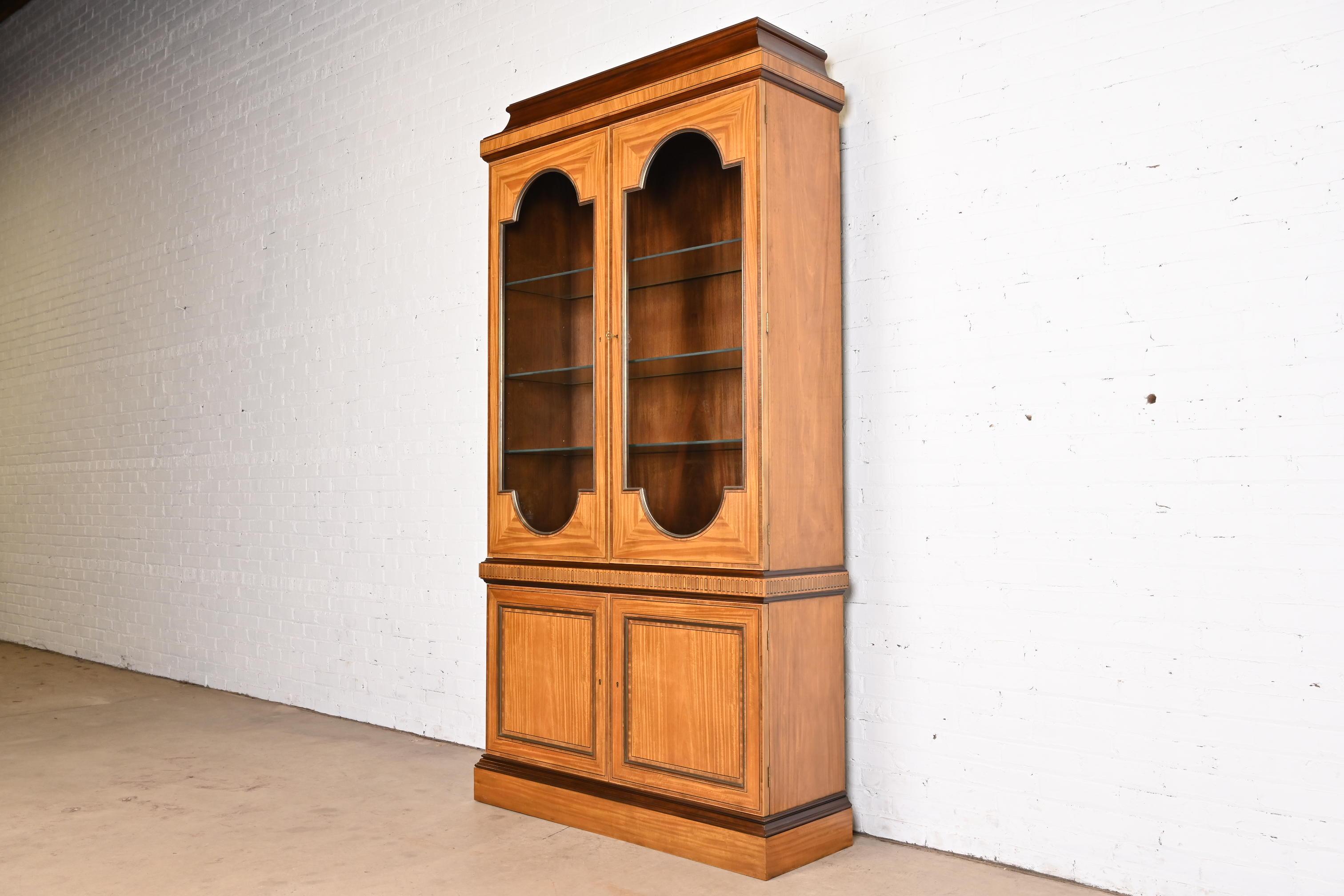 American Baker Furniture Neoclassical Satinwood Lighted Breakfront Bookcase Cabinet For Sale